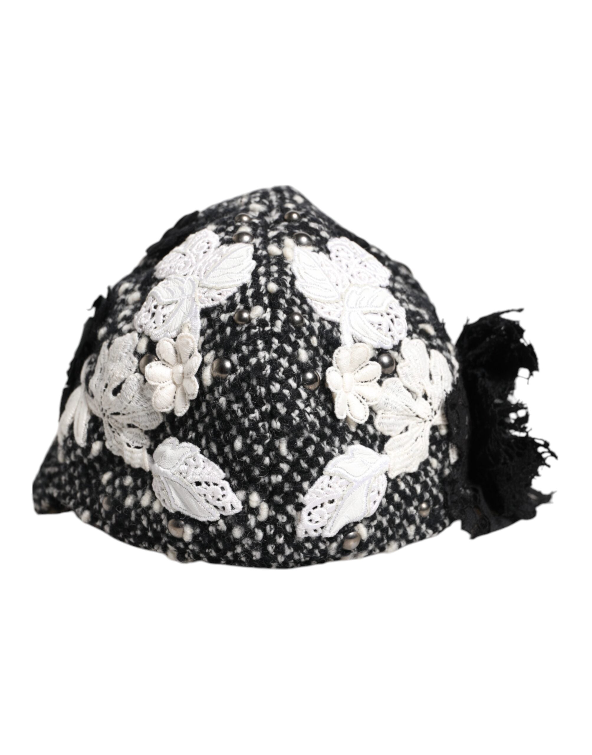Black Wool White Floral Embellished Cloche Hat - ventzia