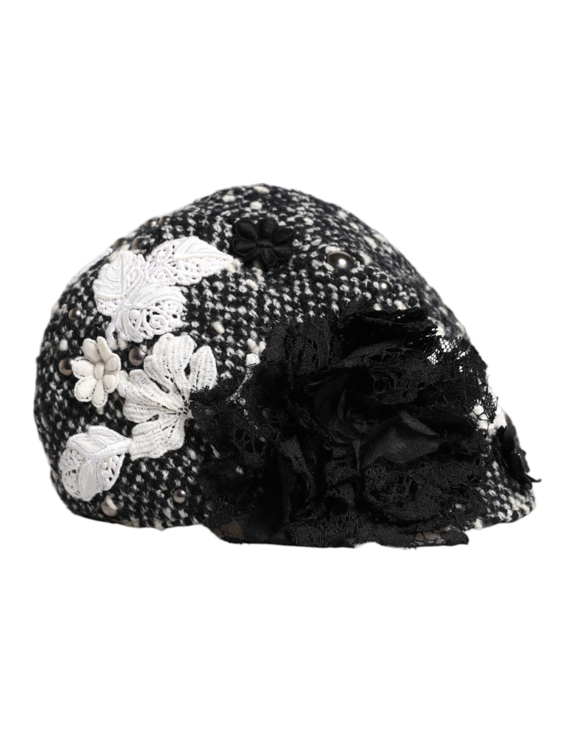 Black Wool White Floral Embellished Cloche Hat - ventzia