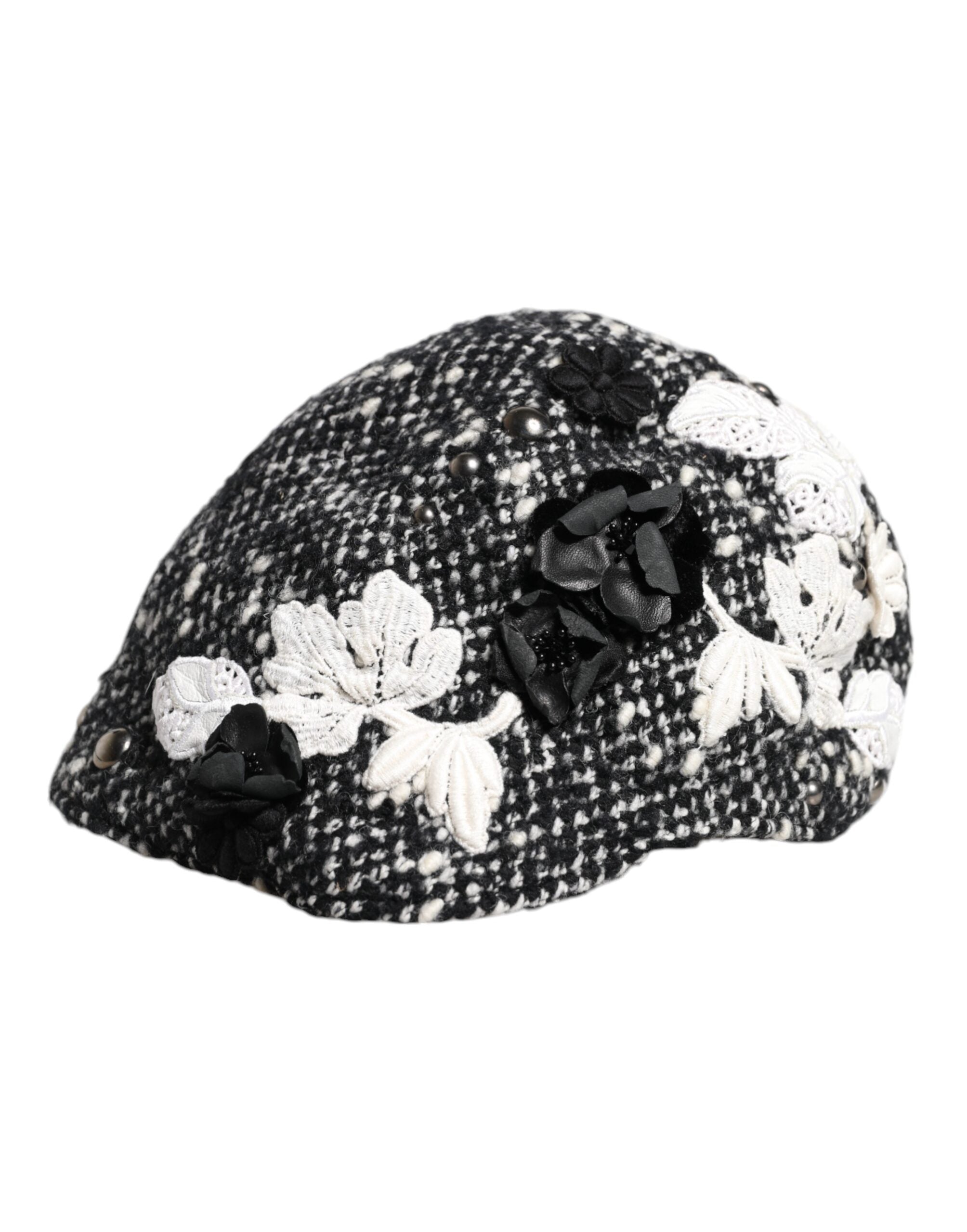 Black Wool White Floral Embellished Cloche Hat - ventzia