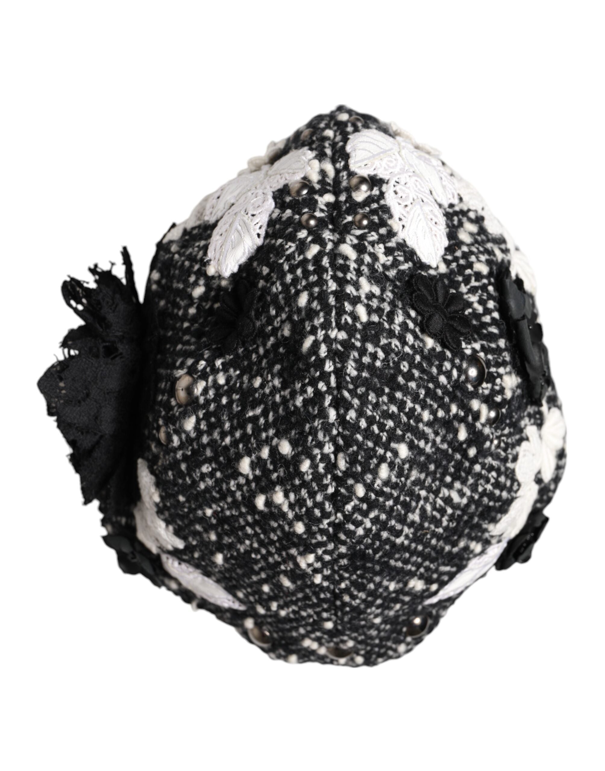 Black Wool White Floral Embellished Cloche Hat - ventzia