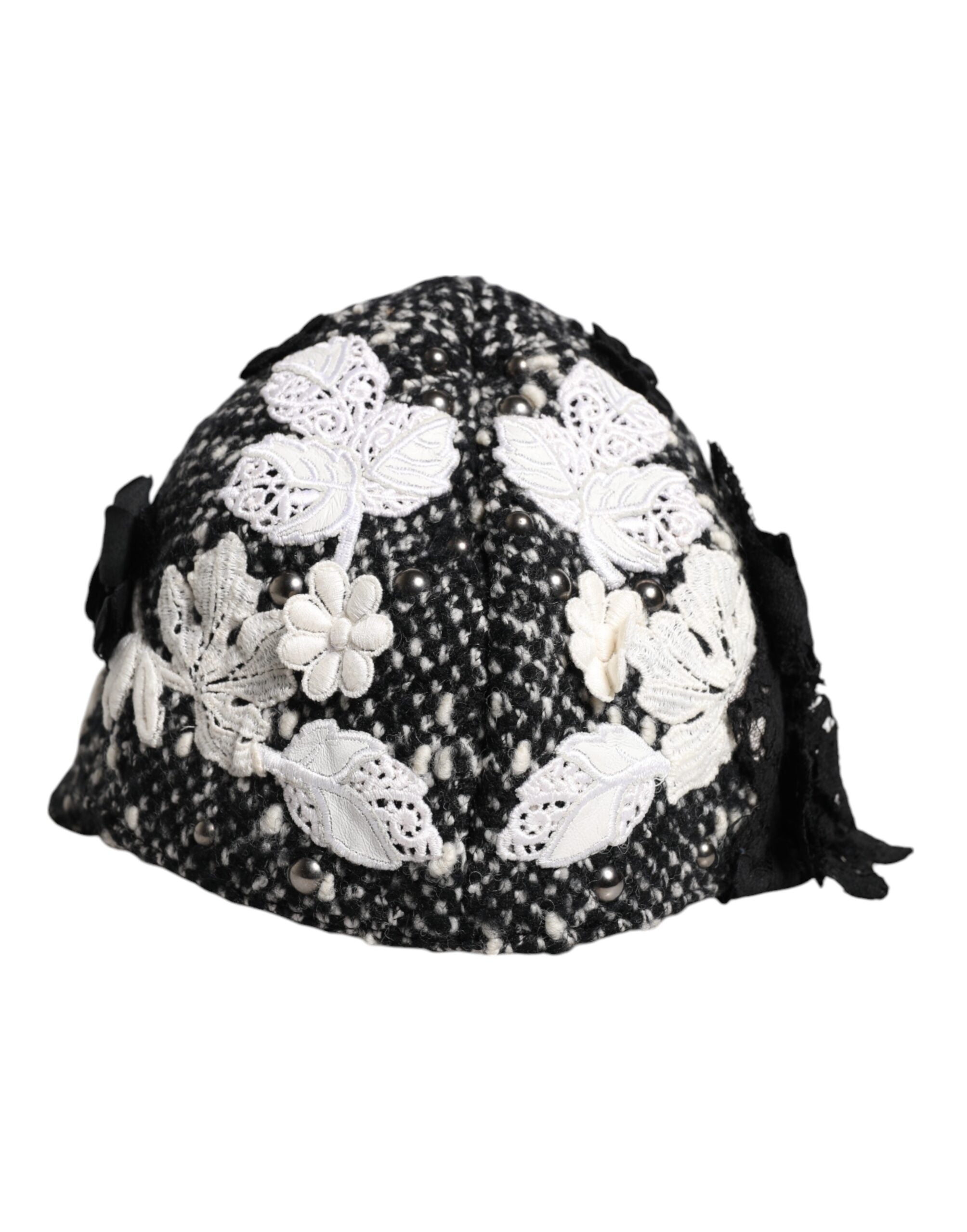 Black Wool White Floral Embellished Cloche Hat - ventzia