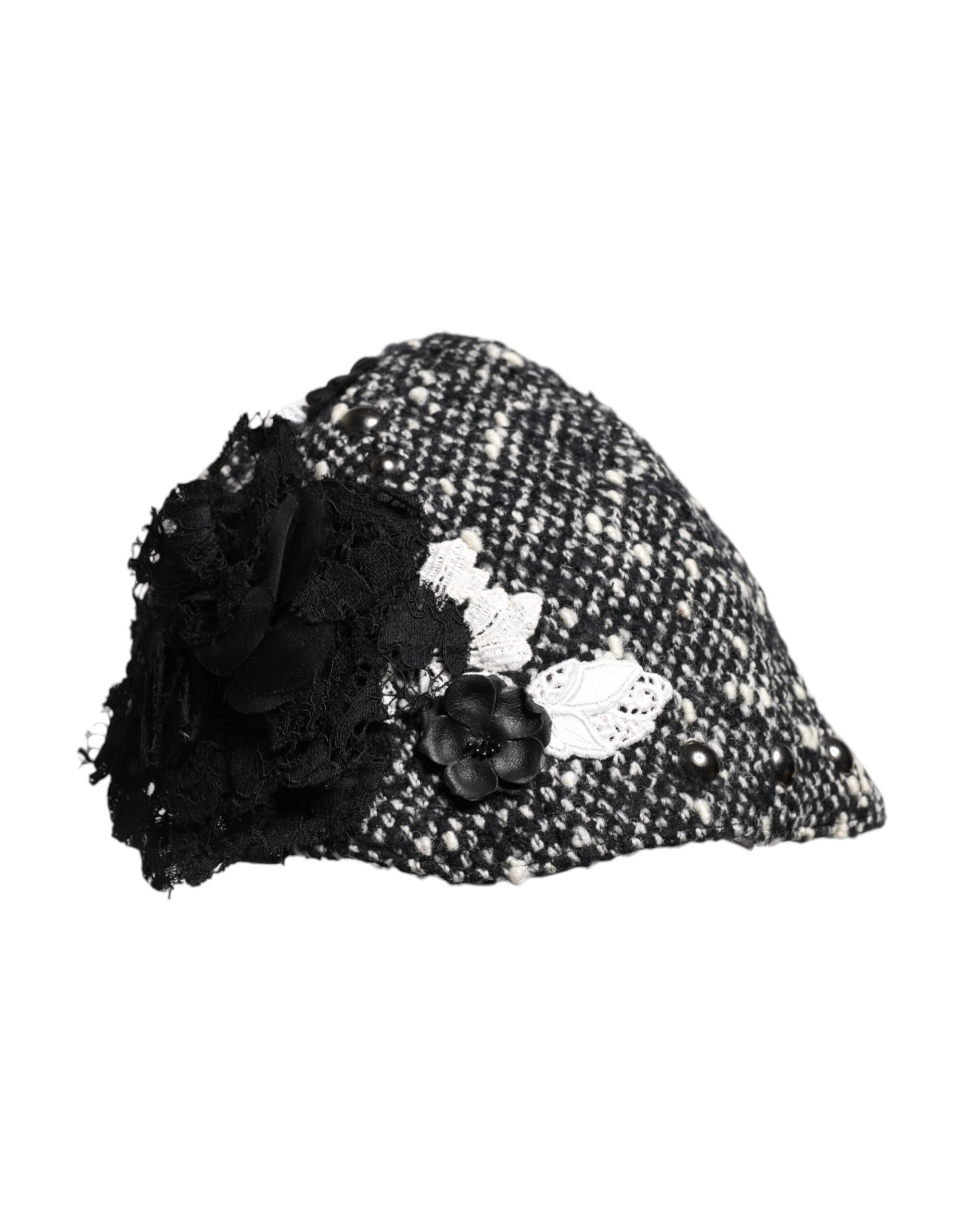 Black Wool White Floral Embellished Cloche Hat - ventzia