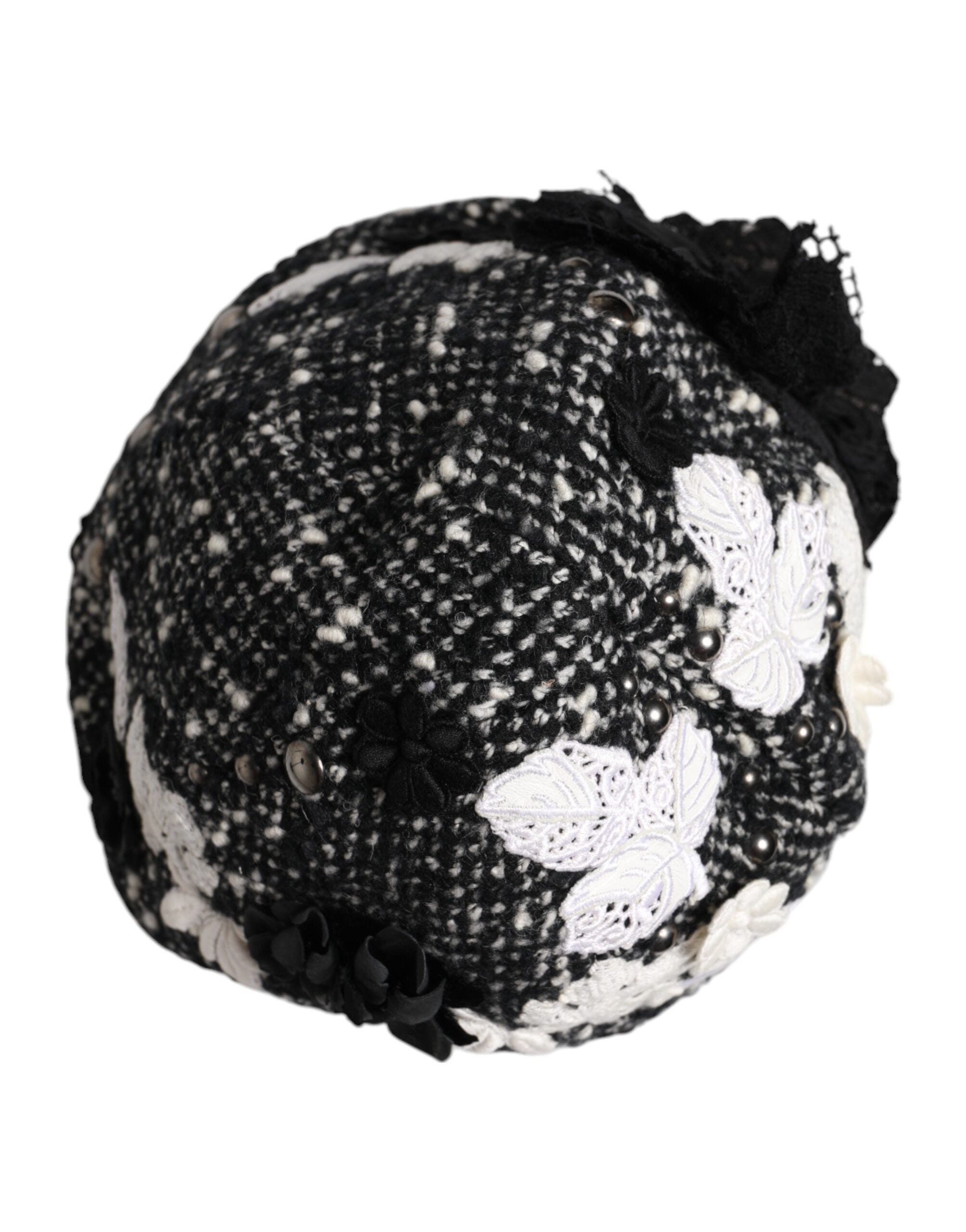 Black Wool White Floral Embellished Cloche Hat - ventzia