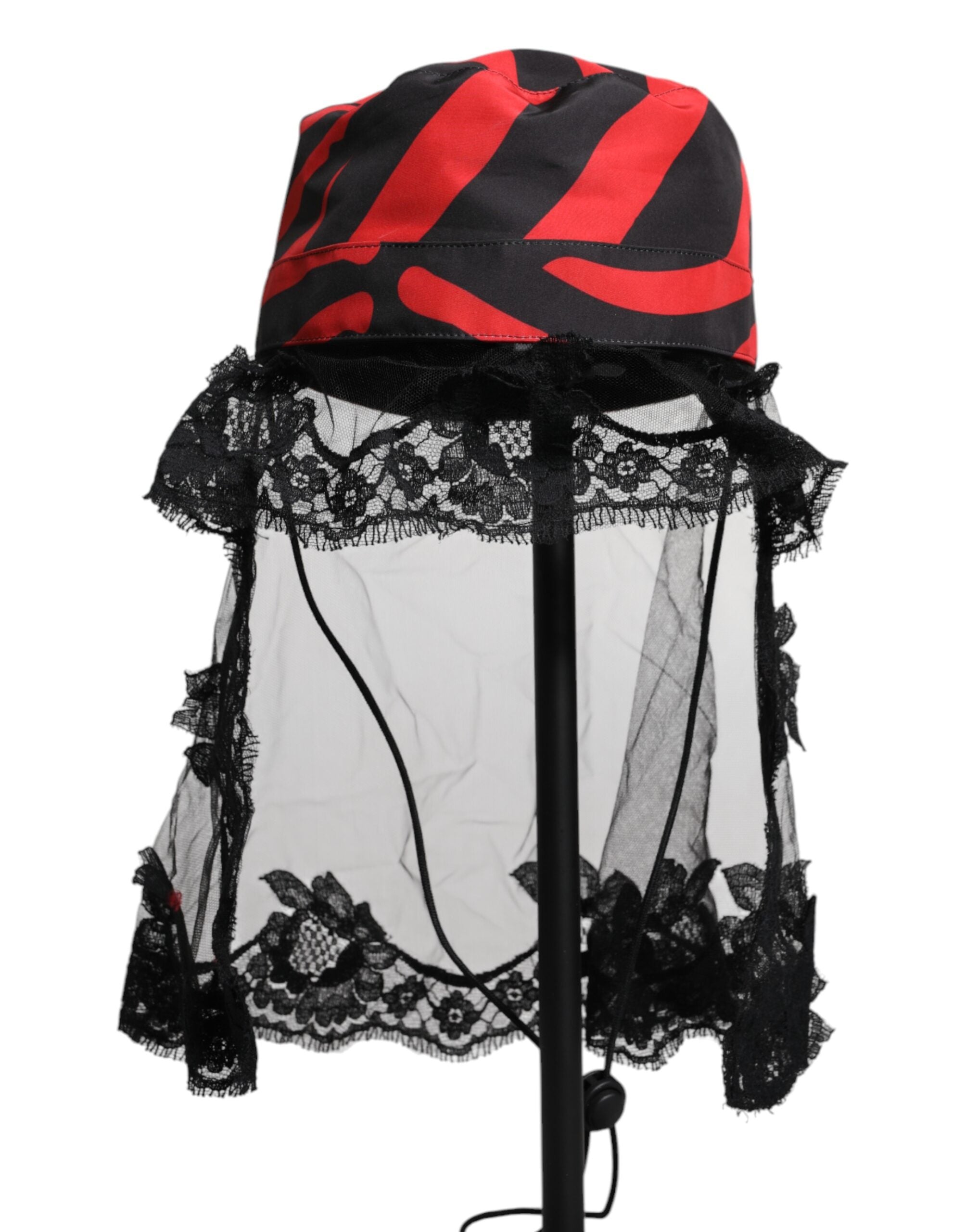 Black Red Stripes Lace Tulle Bucket Hat - ventzia