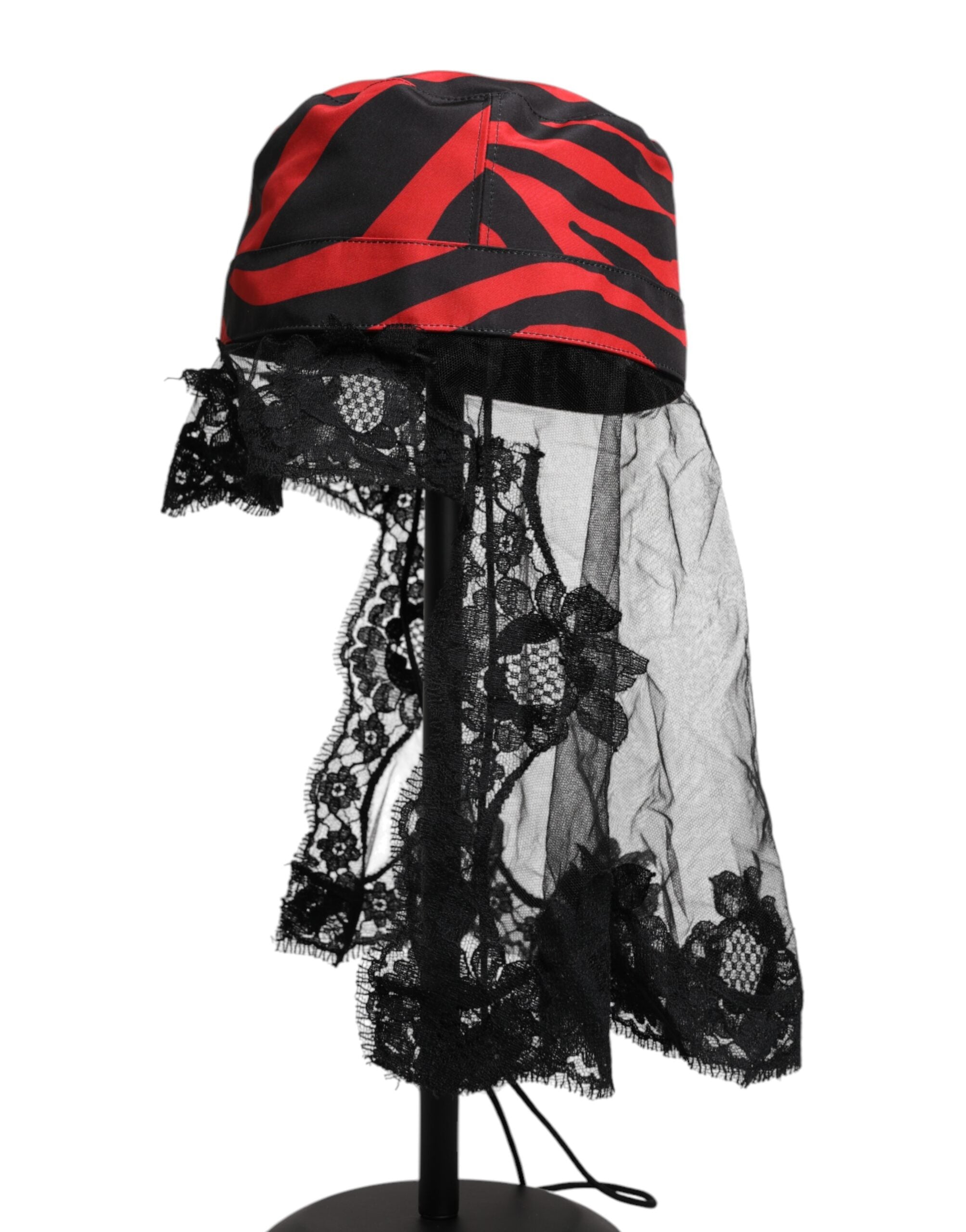 Black Red Stripes Lace Tulle Bucket Hat - ventzia
