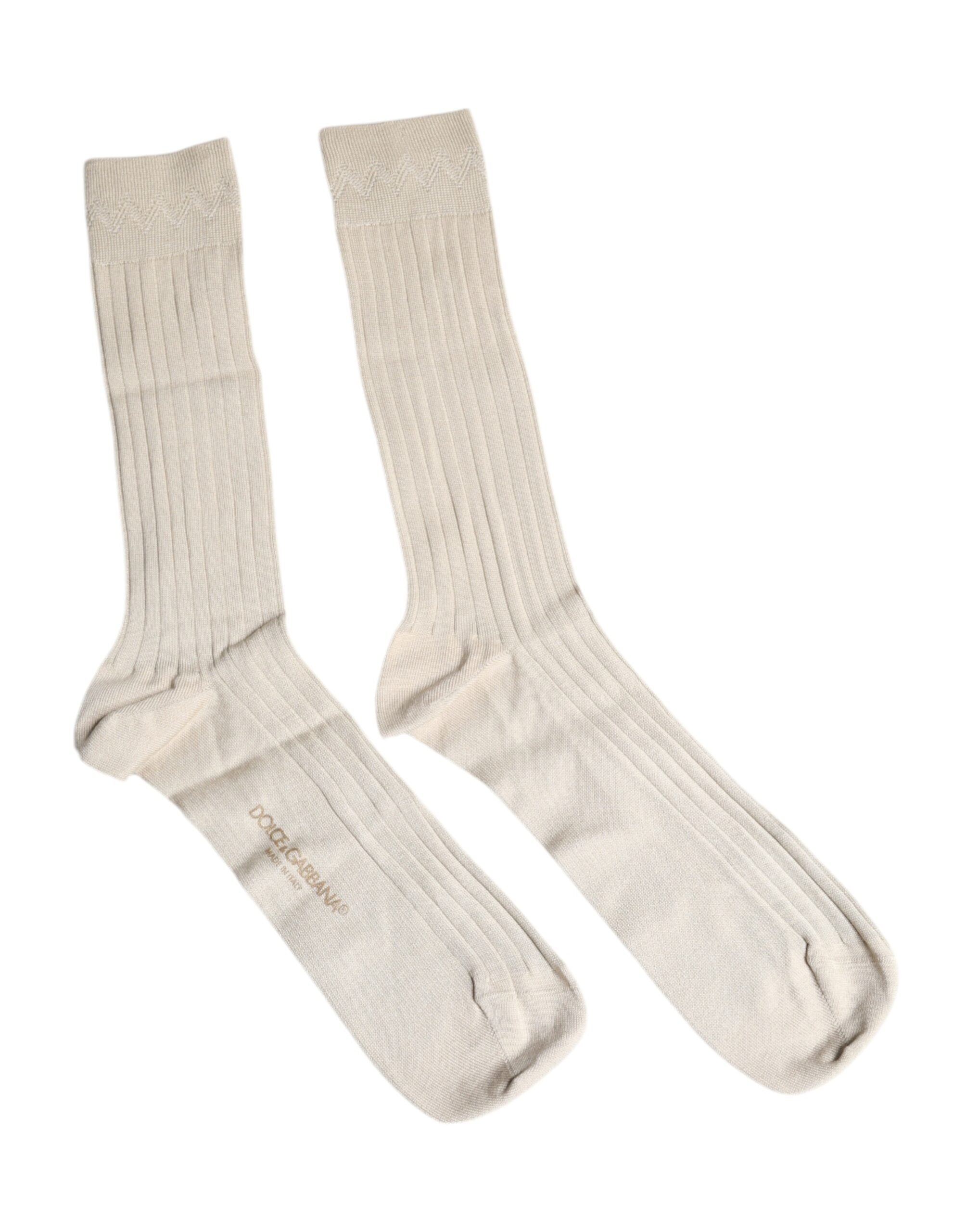 Beige Cotton Stretch Logo Mid Calf Socks - ventzia
