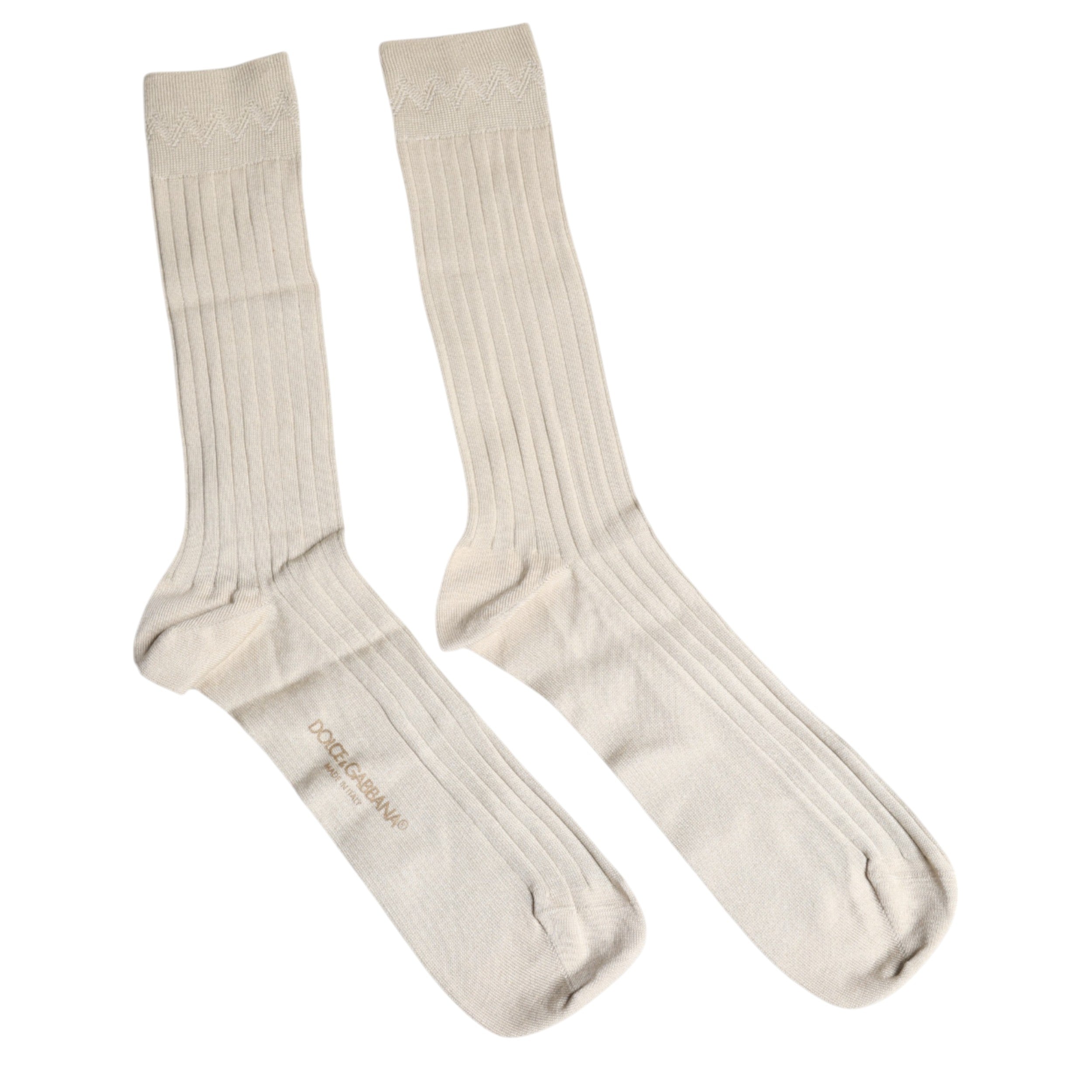 Beige Cotton Stretch Logo Mid Calf Socks - ventzia