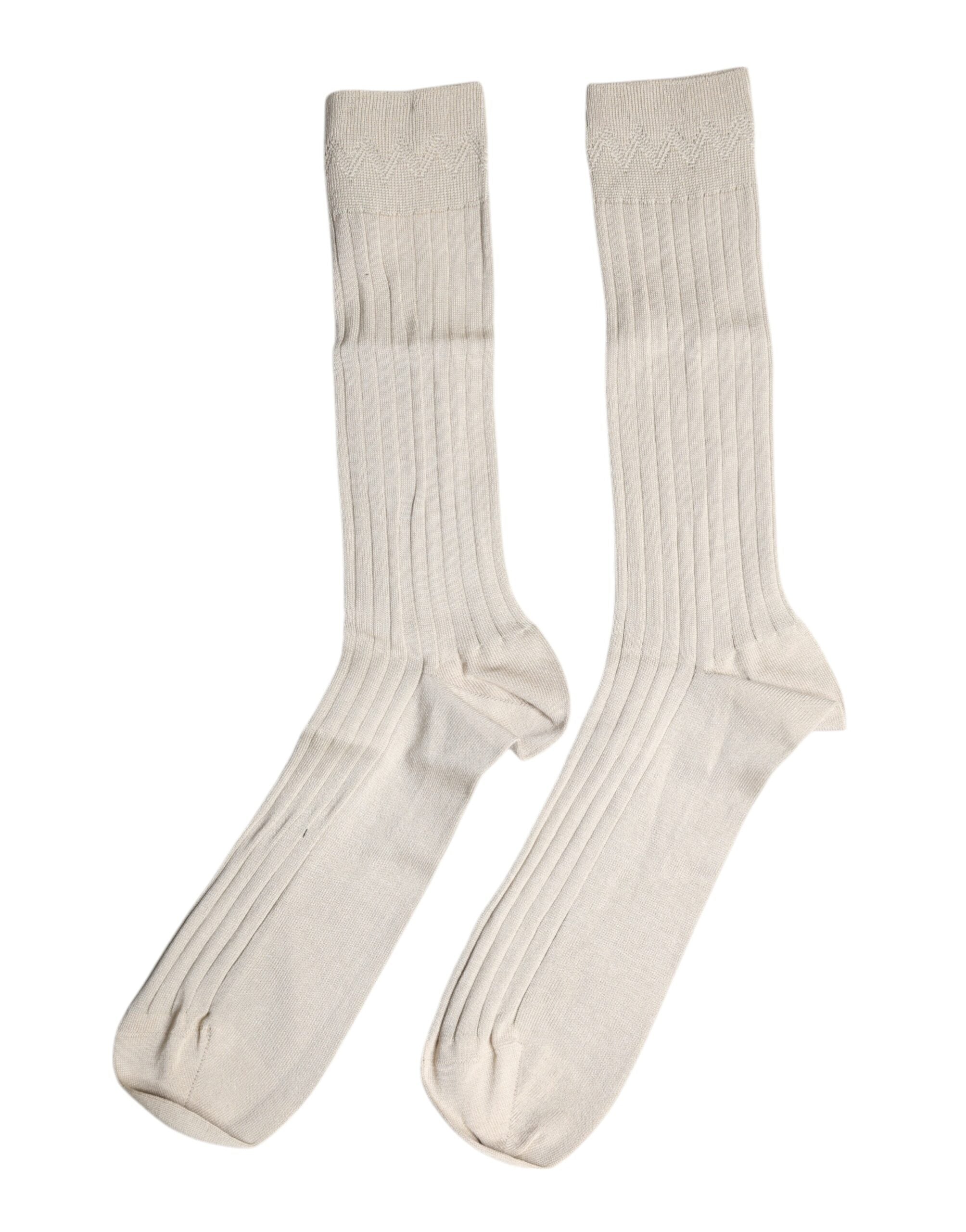 Beige Cotton Stretch Logo Mid Calf Socks - ventzia