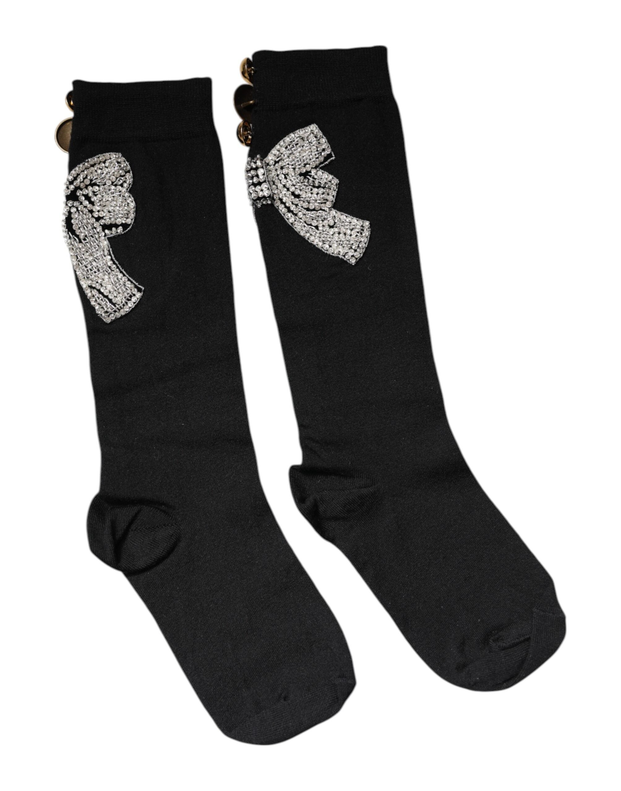 Black Knit Floral Crystal Embellishment Socks - ventzia