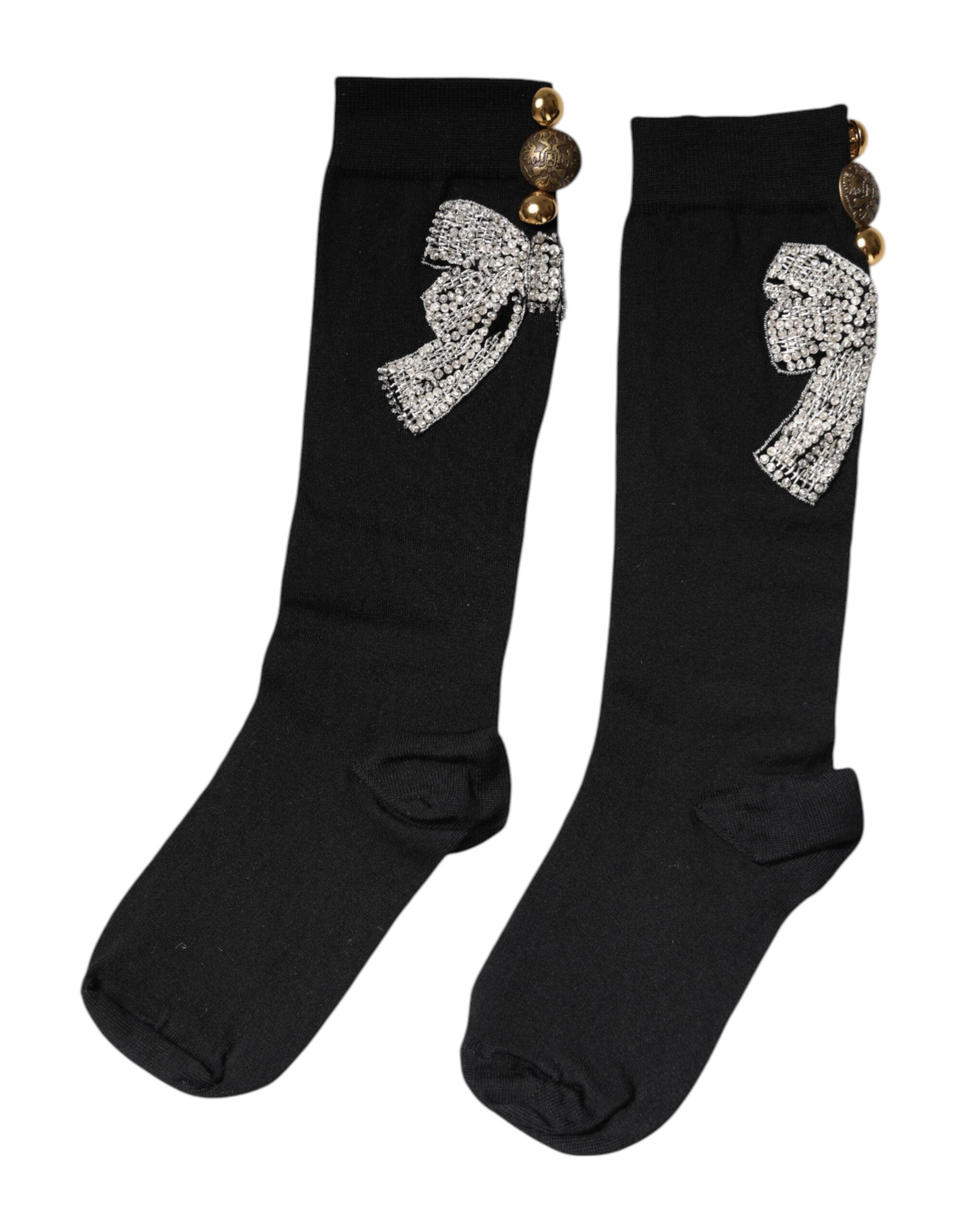 Black Knit Floral Crystal Embellishment Socks - ventzia