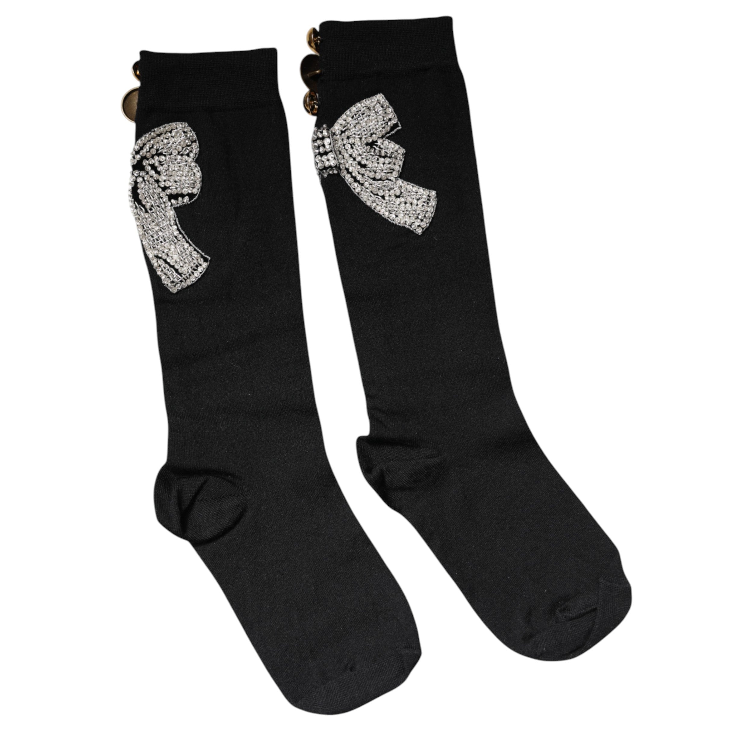 Black Knit Floral Crystal Embellishment Socks - ventzia