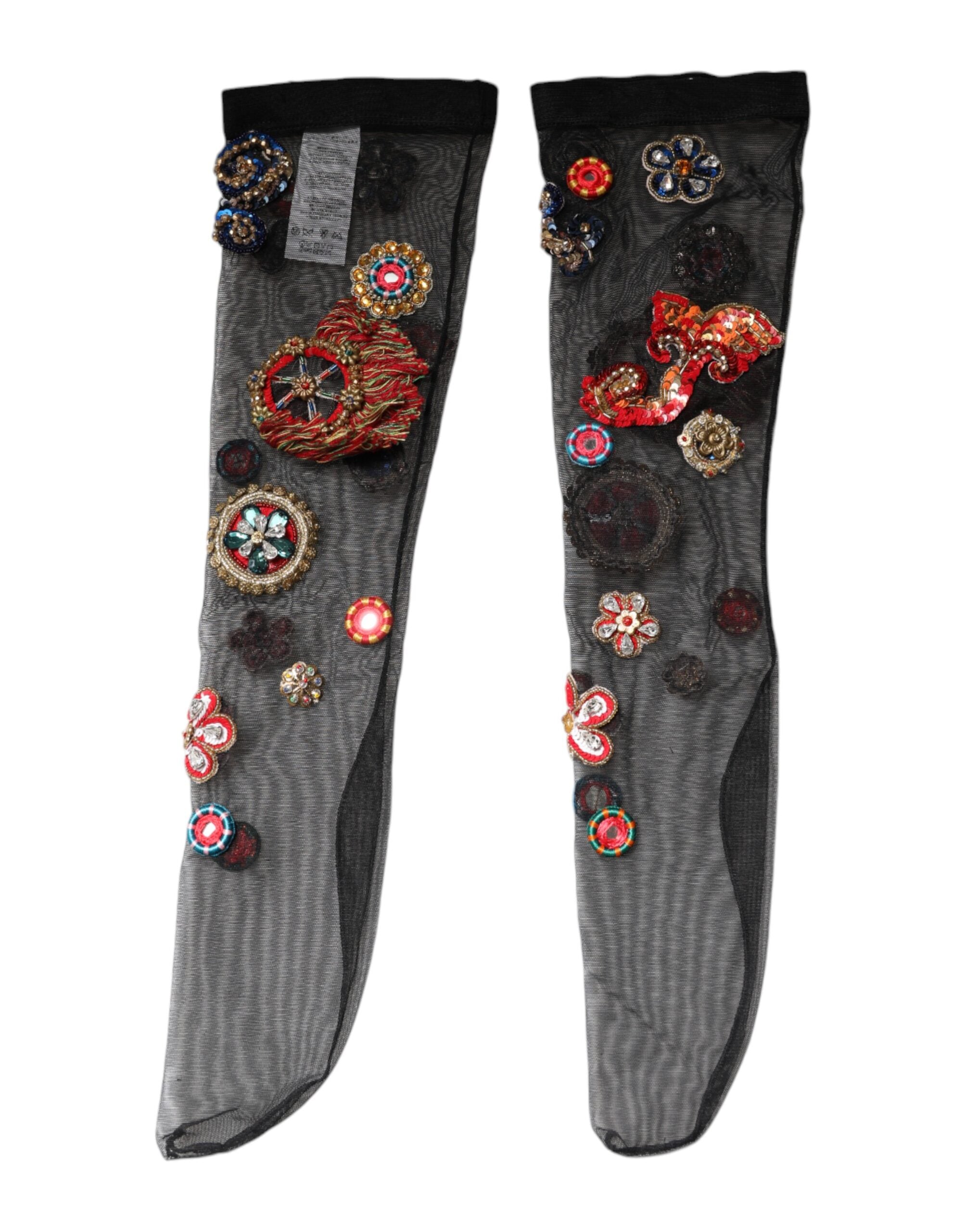 Black Stretch Carretto Crystal Stockings Socks - ventzia