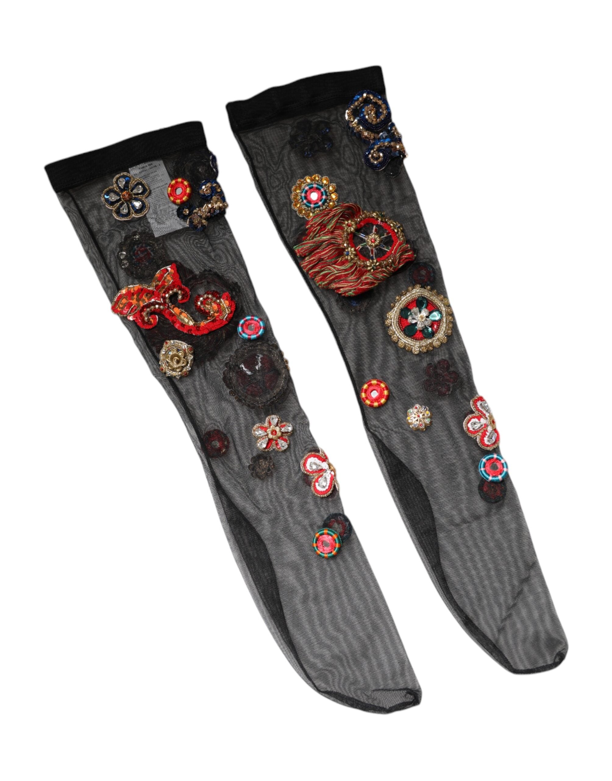 Black Stretch Carretto Crystal Stockings Socks - ventzia