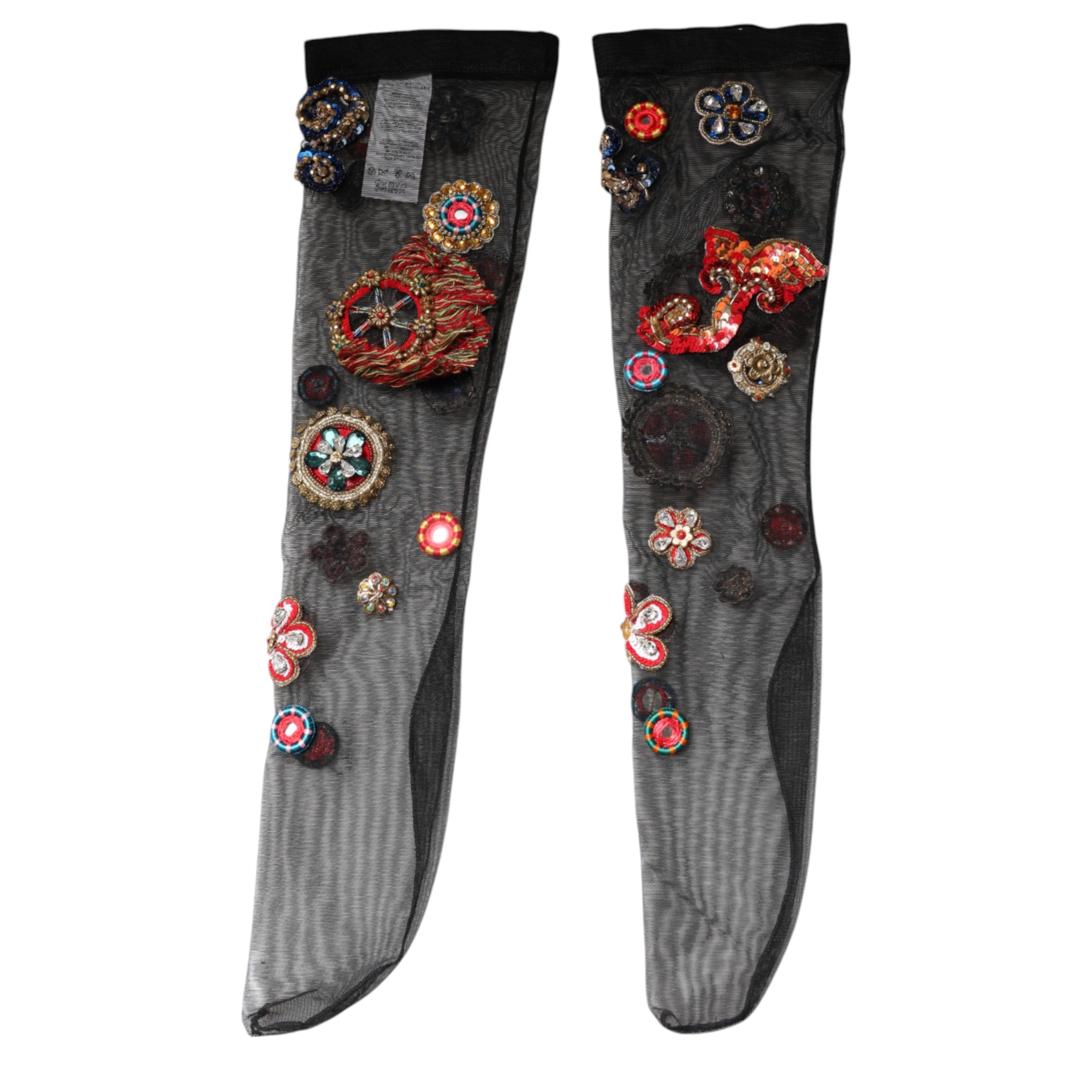Black Stretch Carretto Crystal Stockings Socks - ventzia