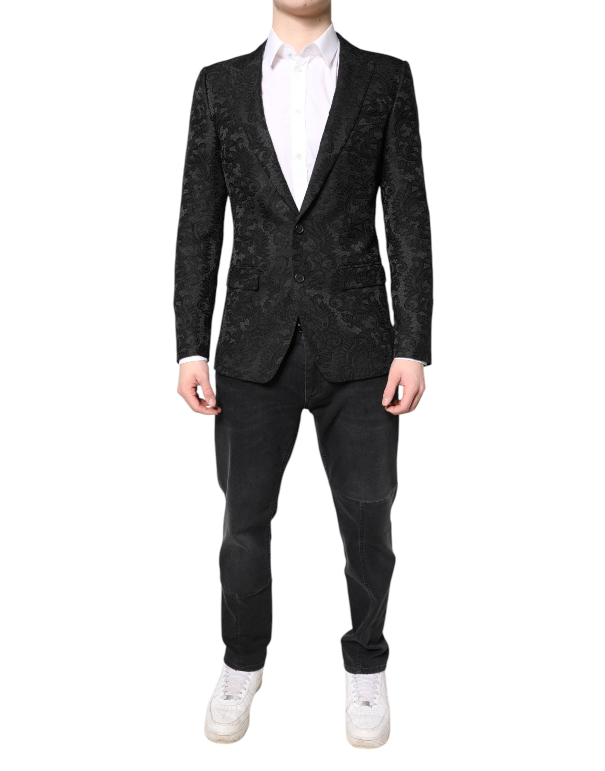 Black Floral Jacquard Coat Jacket Blazer - ventzia