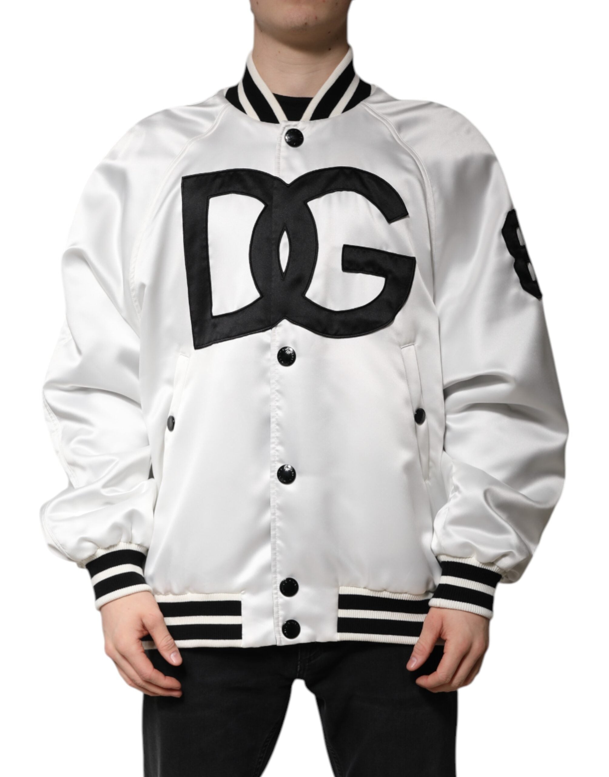 White DG Logo Polyester Jersey Bomber Jacket - ventzia