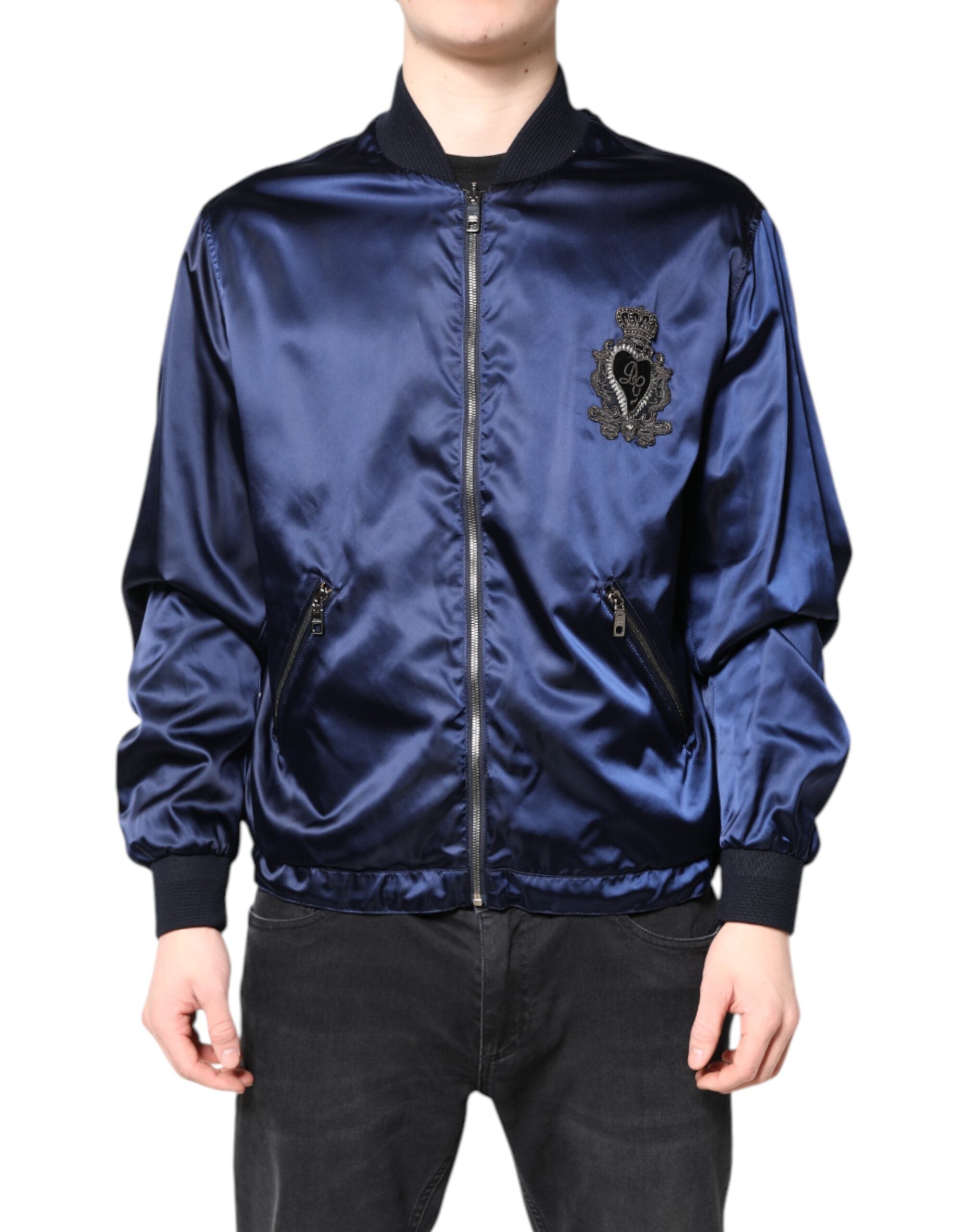 Blue Nylon DG Crown Full Zip Bomber Jacket - ventzia