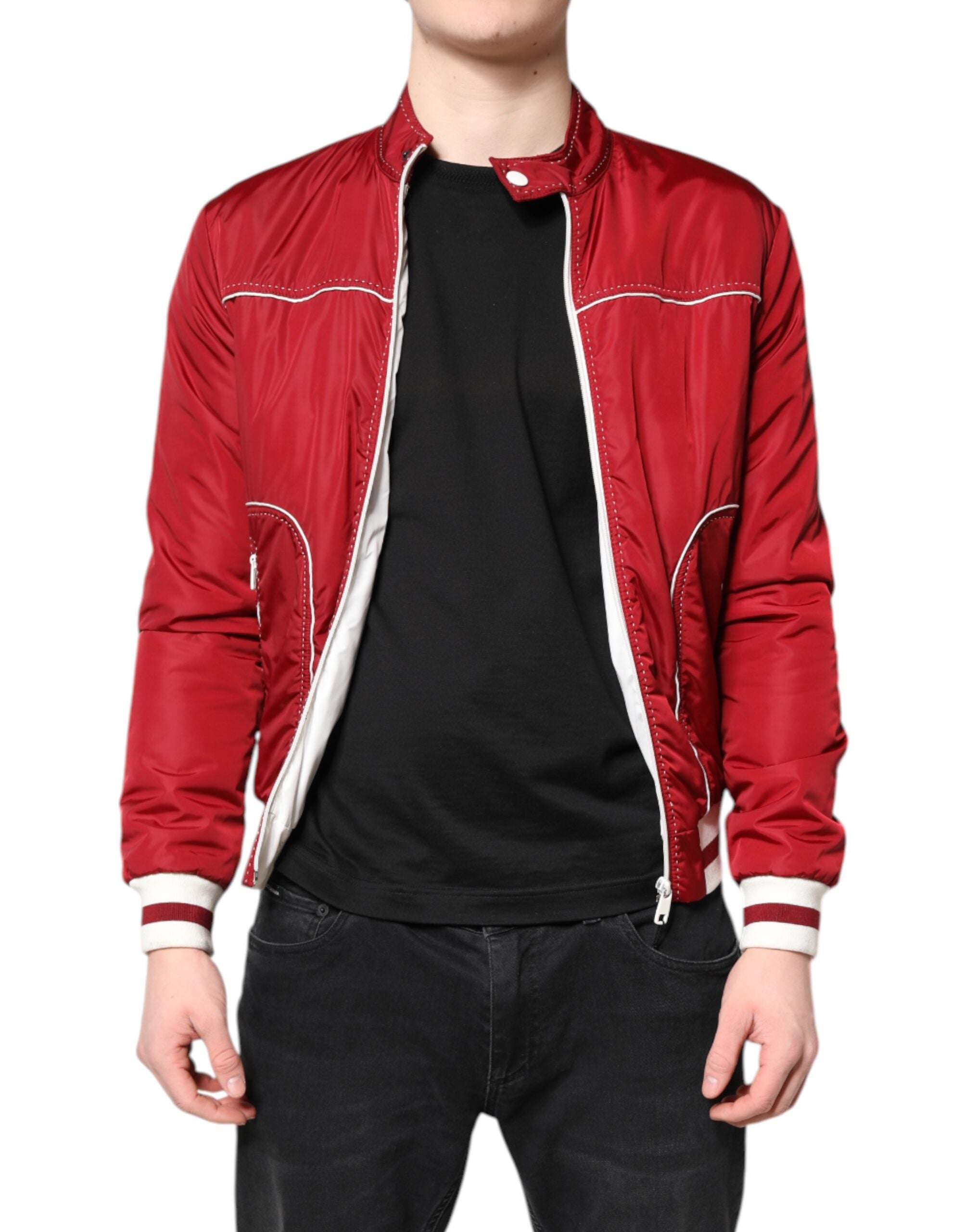 Red White Nylon Full Zip Men Bomber Jacket - ventzia