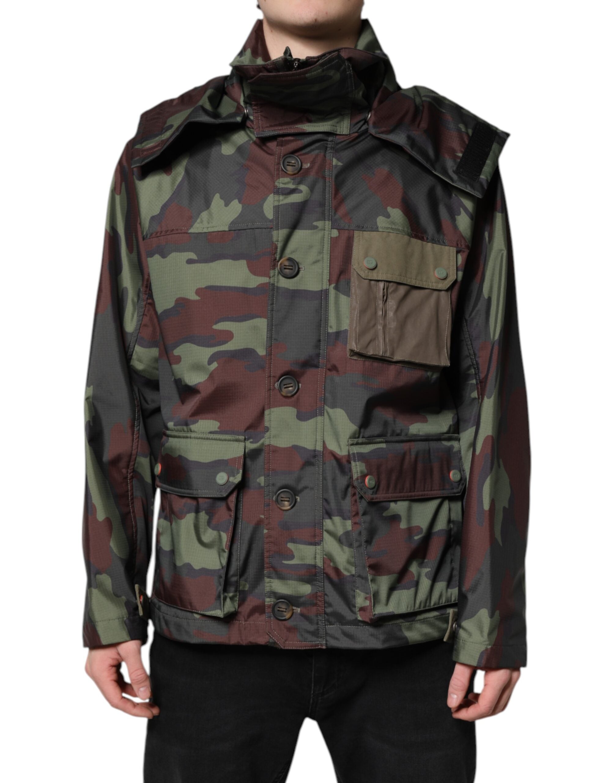 Multicolor Camouflage Button Hooded Jacket - ventzia