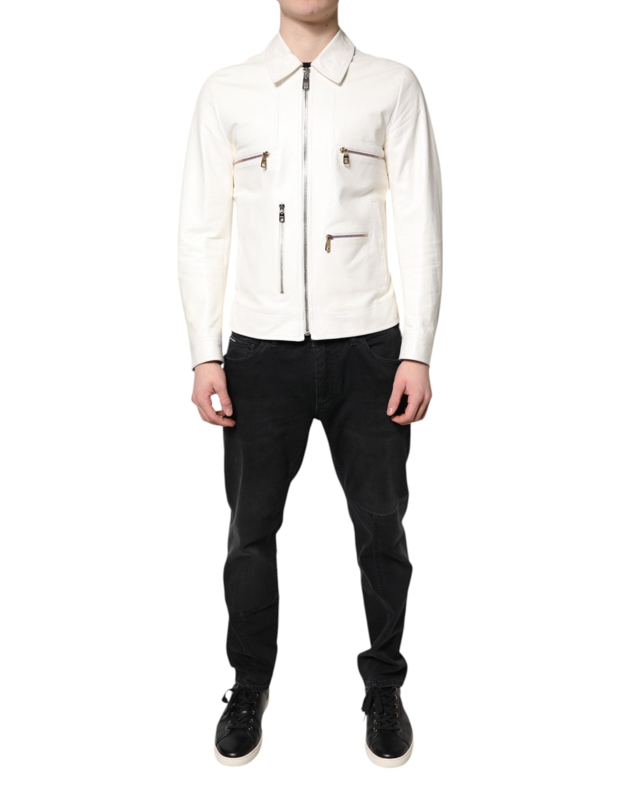 White Collared Full Zip Biker Coat Jacket - ventzia
