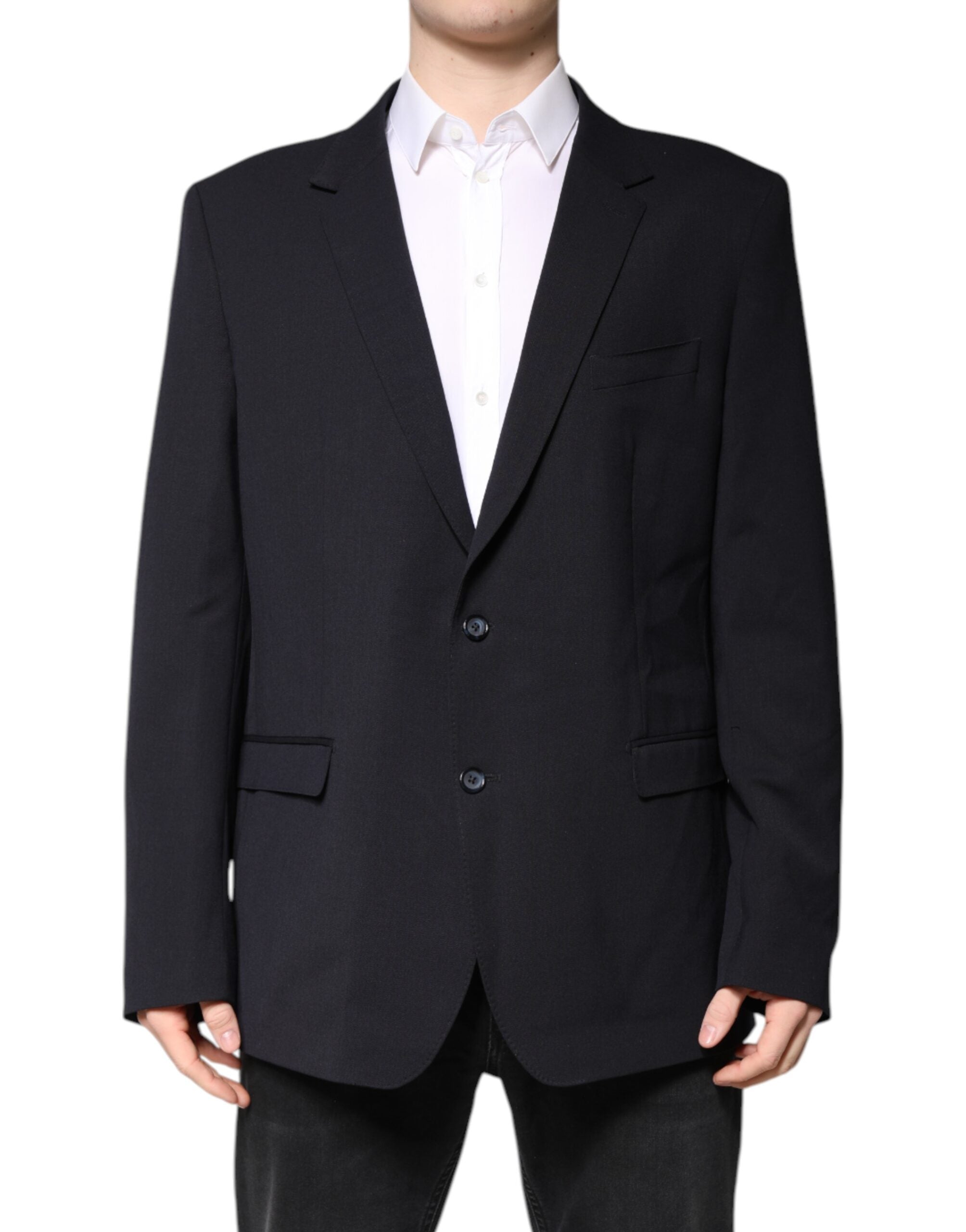 Dark Blue Wool Single Breasted Coat Blazer - ventzia