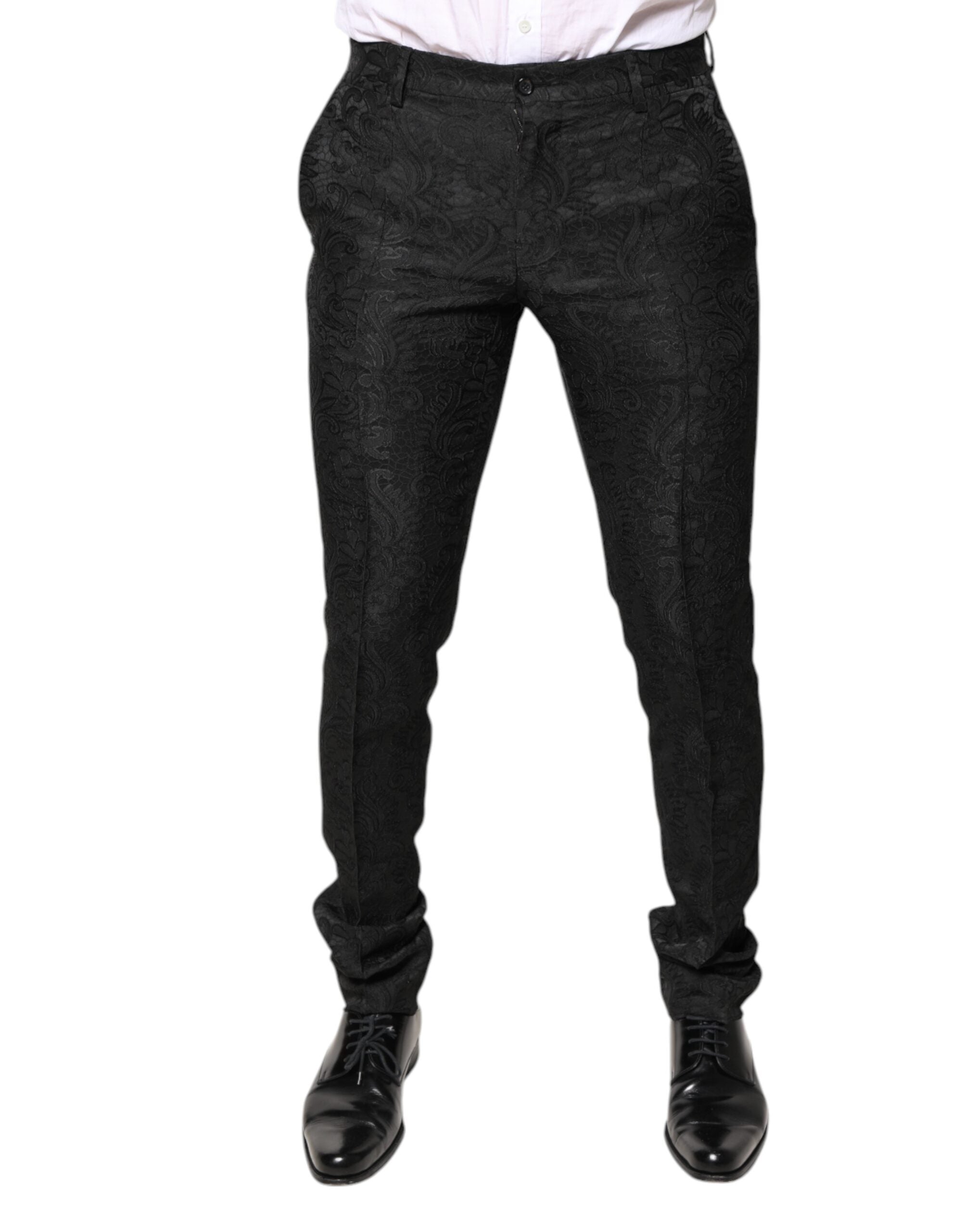 Black Floral Jacquard Mid Waist Dress Pants - ventzia