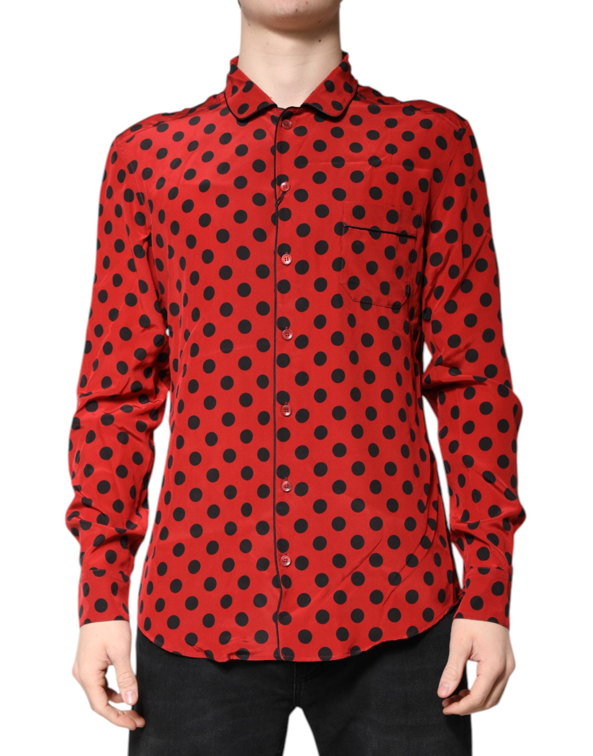 Red Polka Dot Silk Long Sleeve Shirt - ventzia