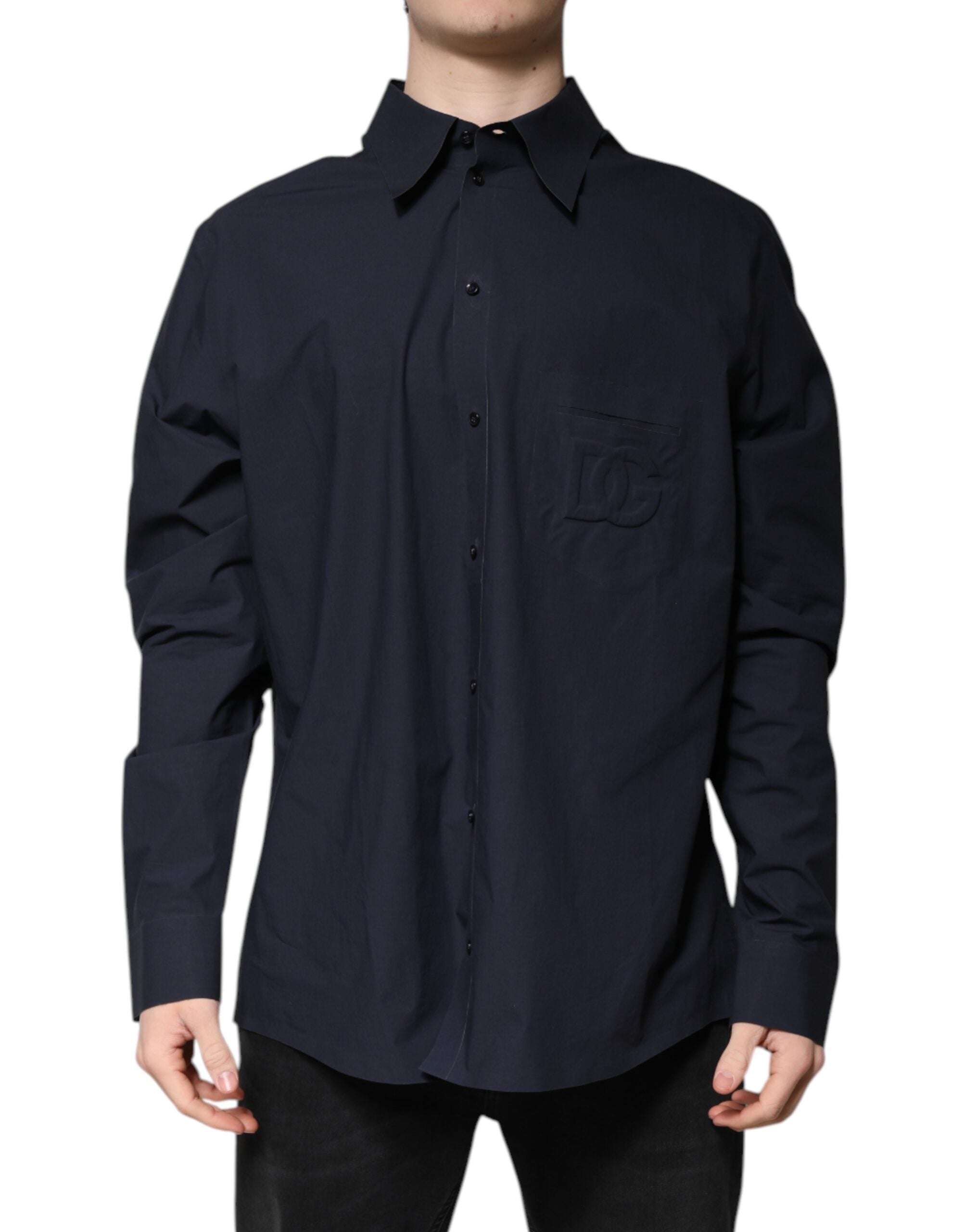 Dark Blue Cotton Long Sleeve Shirt - ventzia