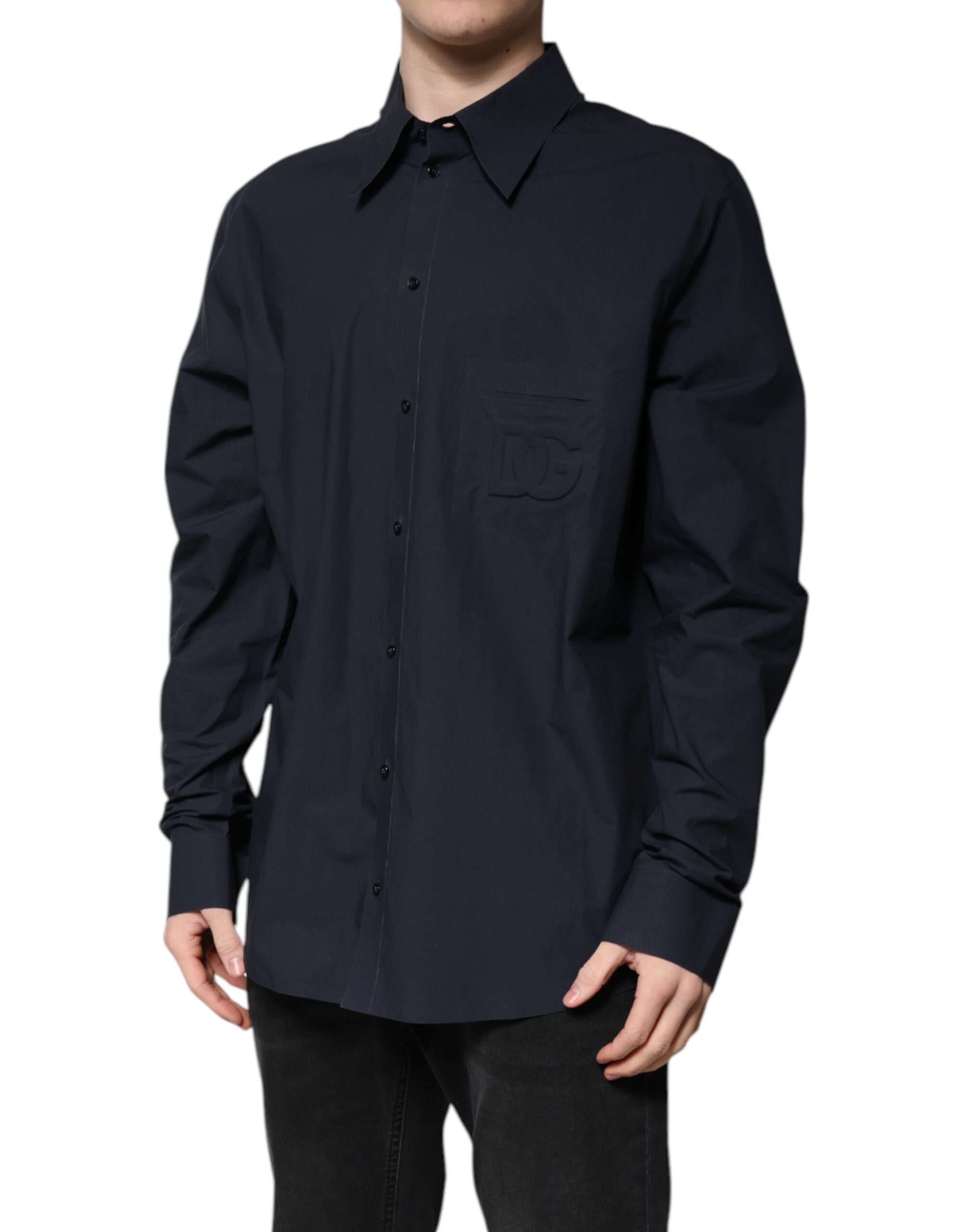 Dark Blue Cotton Long Sleeve Shirt - ventzia