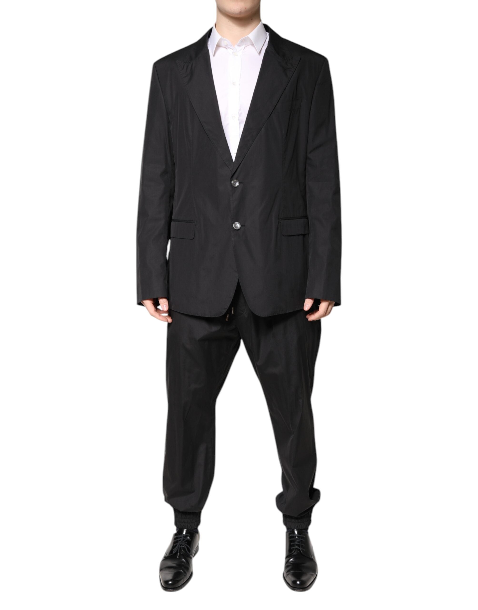 Black Cotton Single Breasted 2 Piece Suit - ventzia