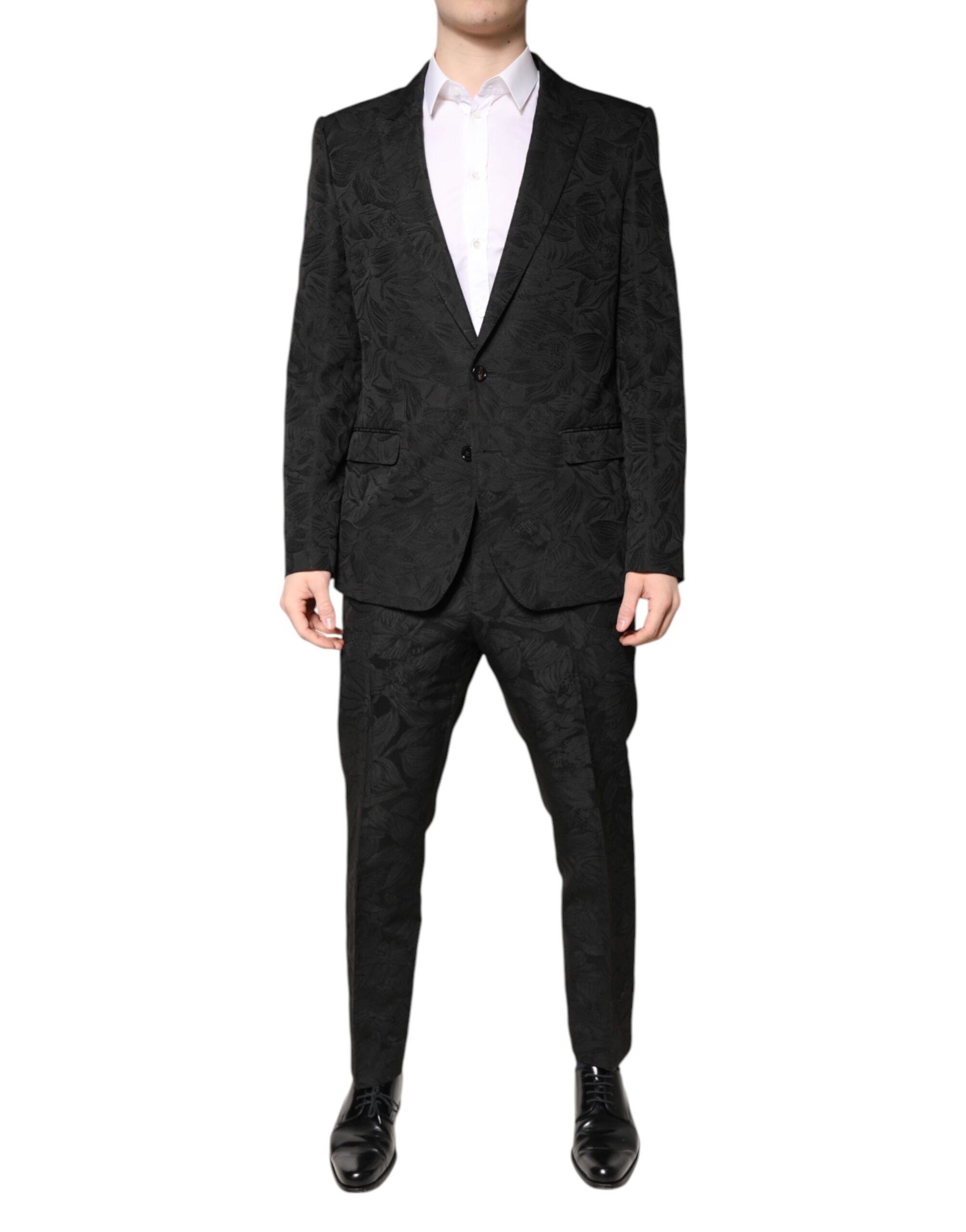 Black Polyester Floral Jacquard 2 Piece Suit - ventzia
