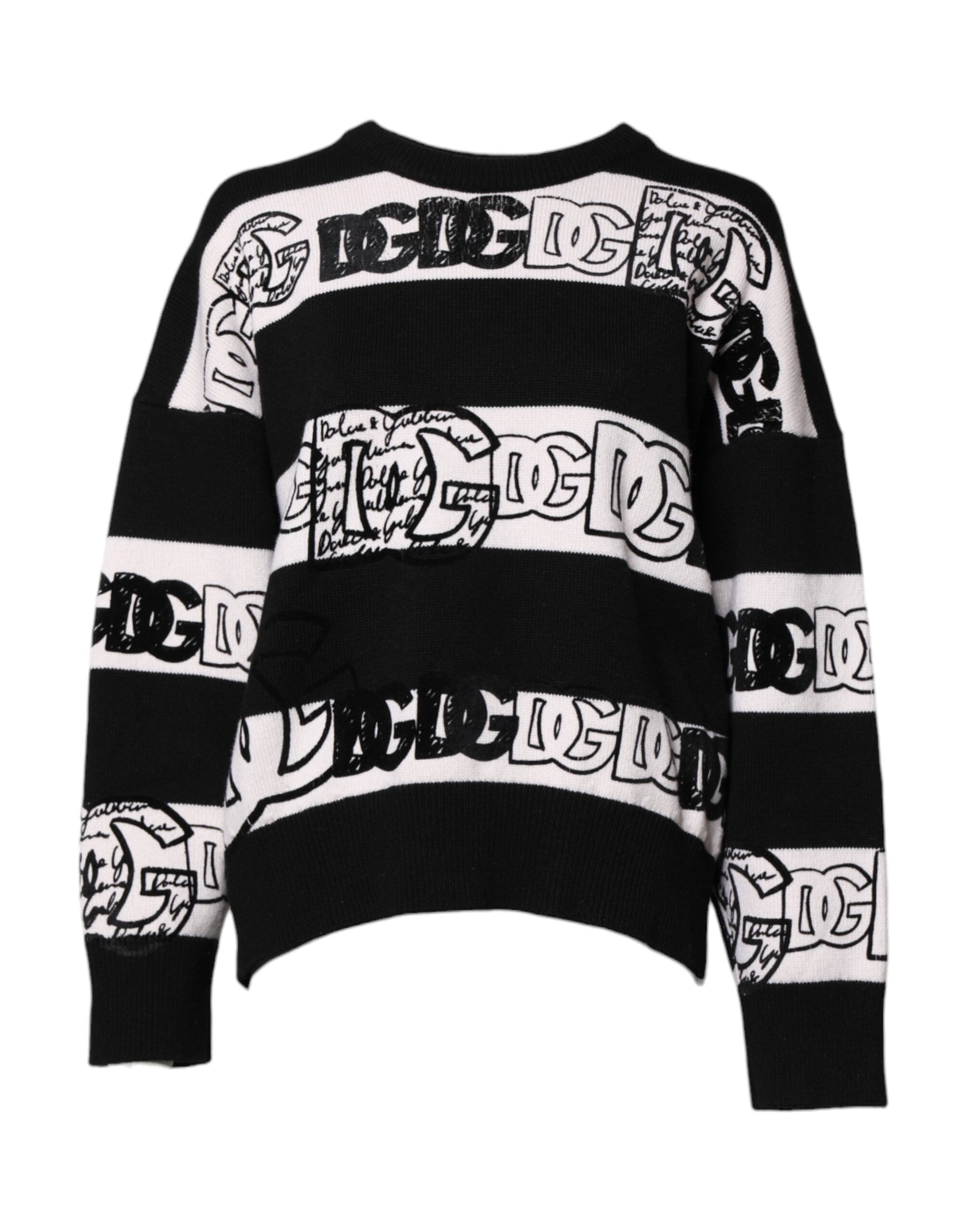 Black White Logo Print Wool Pullover Sweater - ventzia