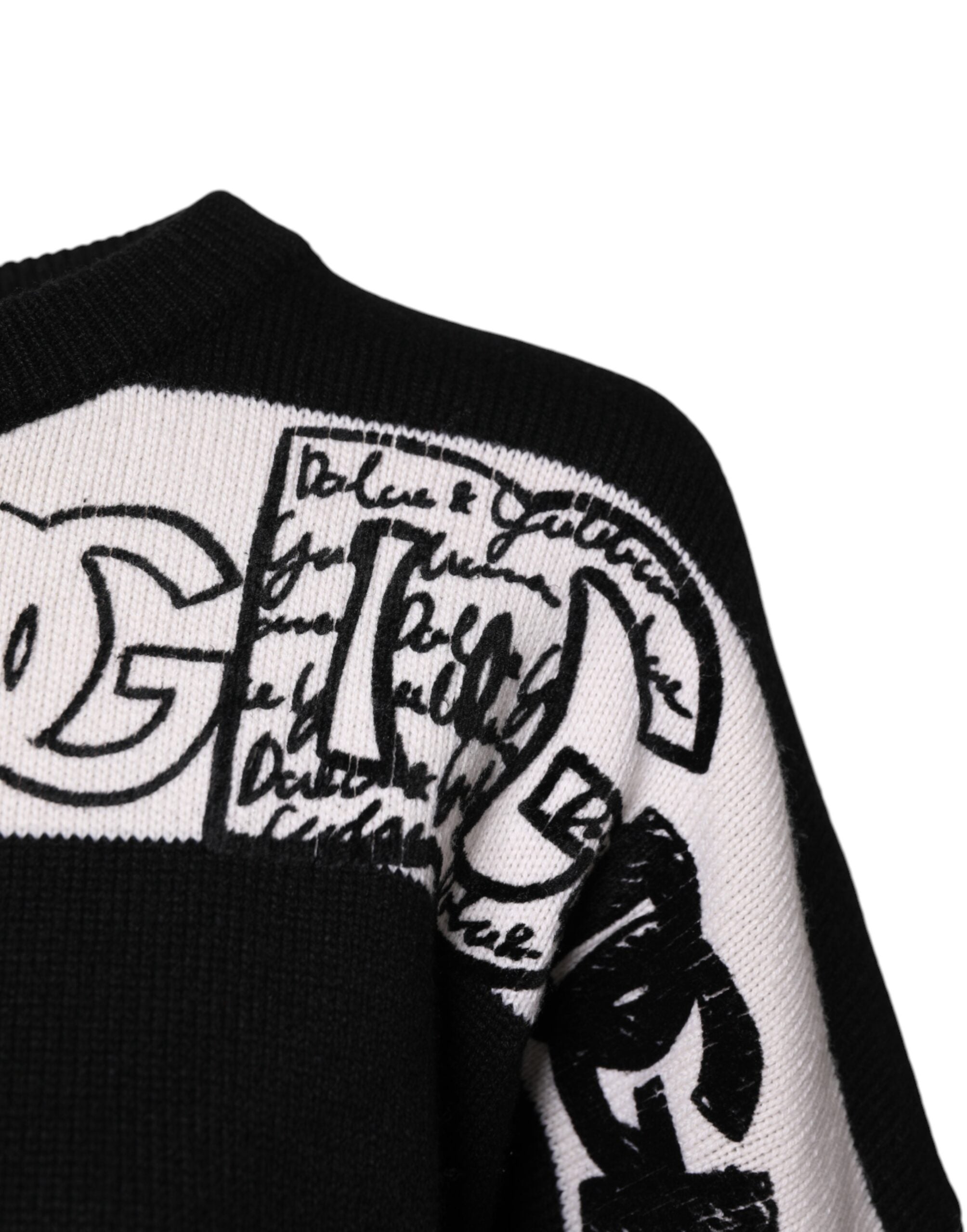 Black White Logo Print Wool Pullover Sweater - ventzia
