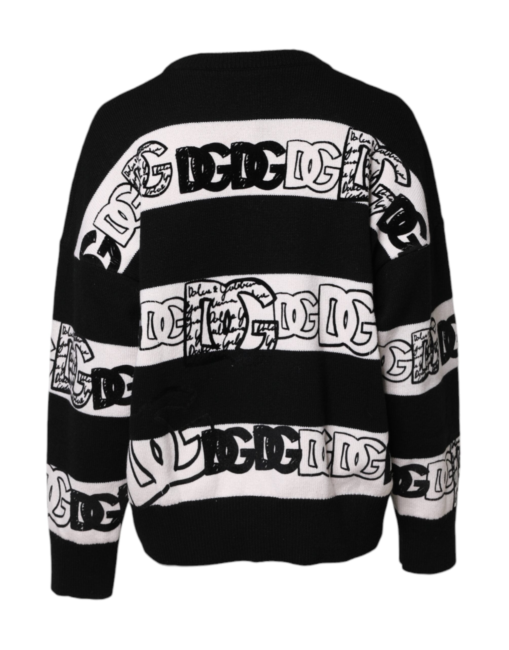 Black White Logo Print Wool Pullover Sweater - ventzia