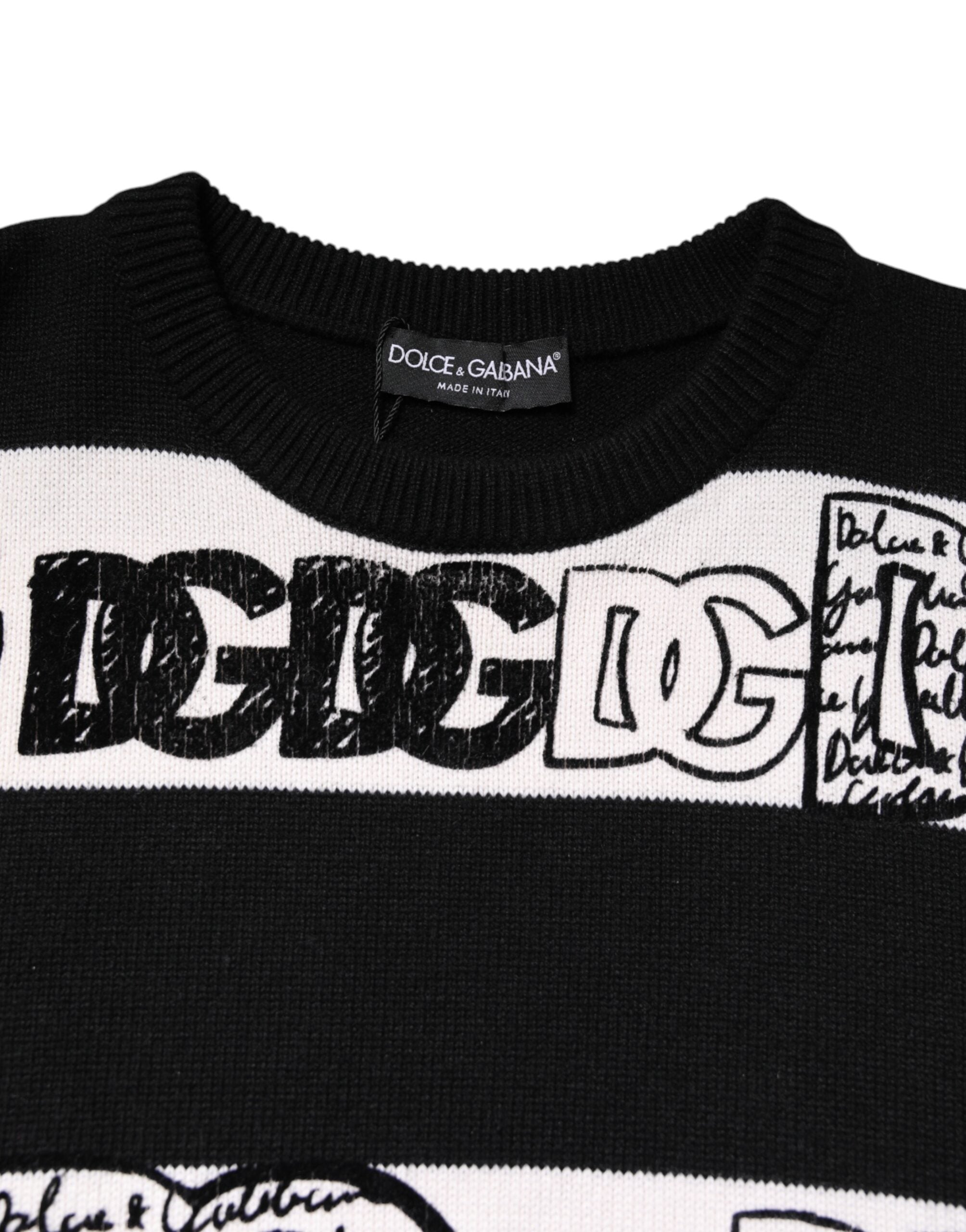 Black White Logo Print Wool Pullover Sweater - ventzia