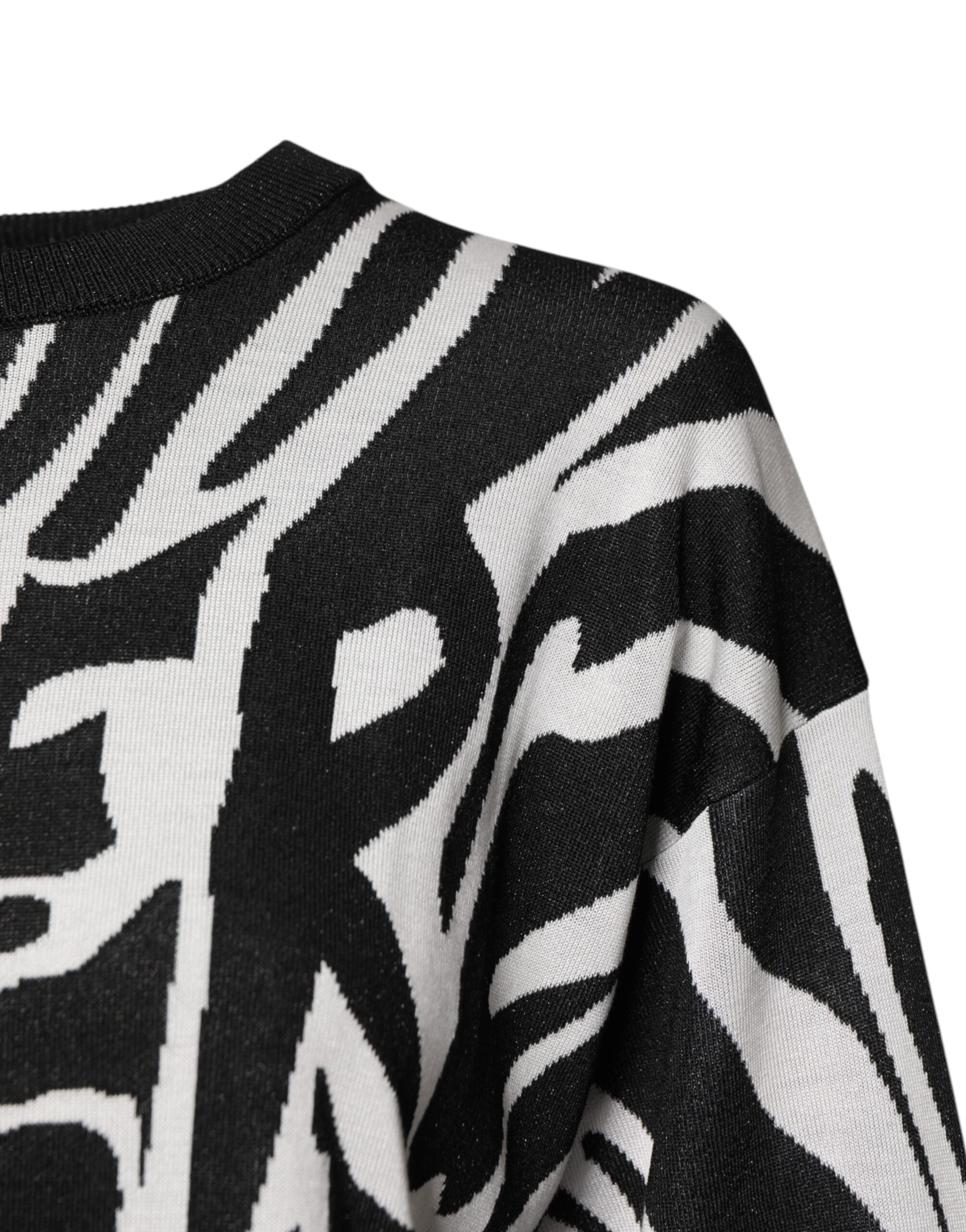Black White Print Women Pullover Sweater - ventzia