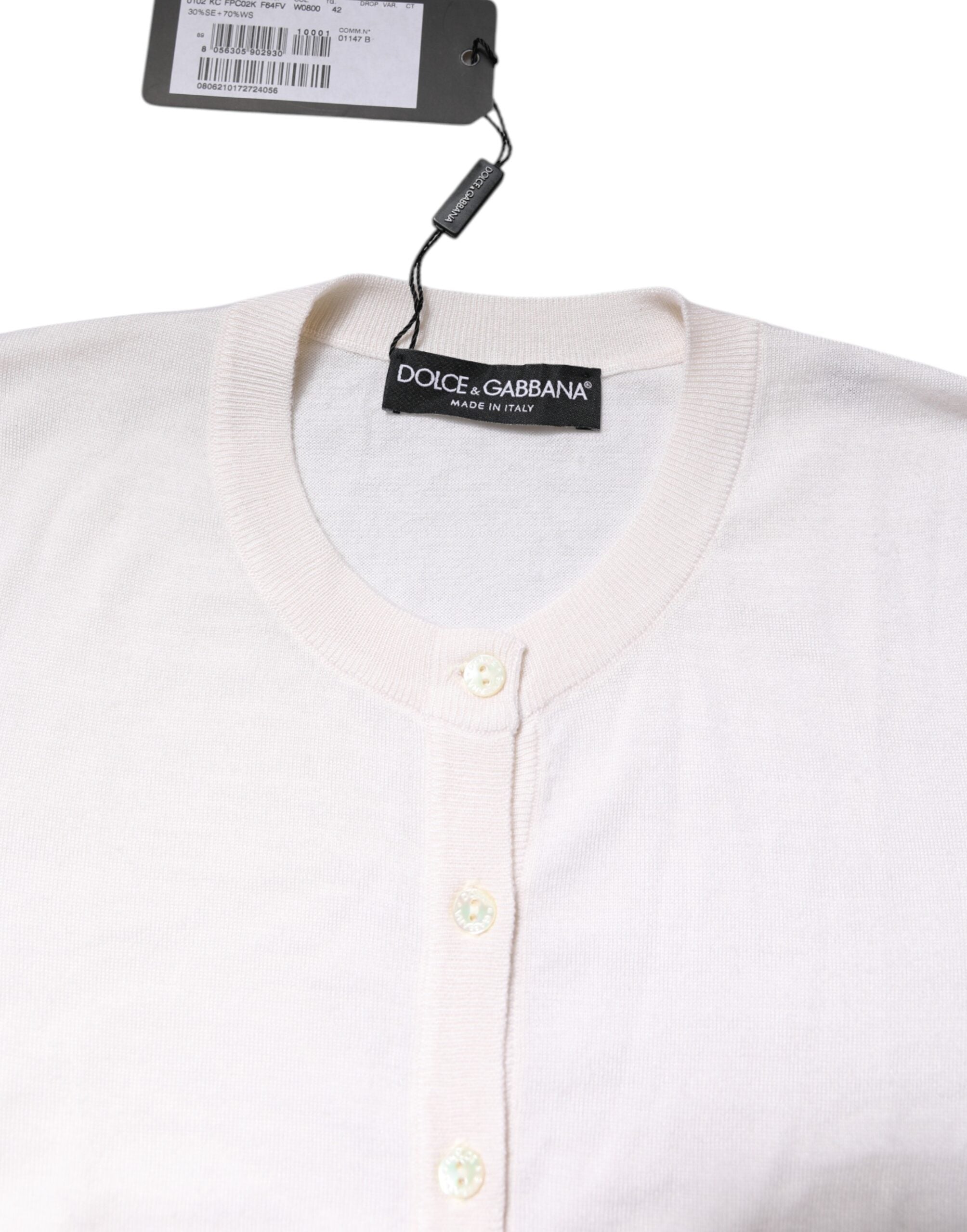 White Cashmere Crew Neck Top Cardigan Sweater - ventzia