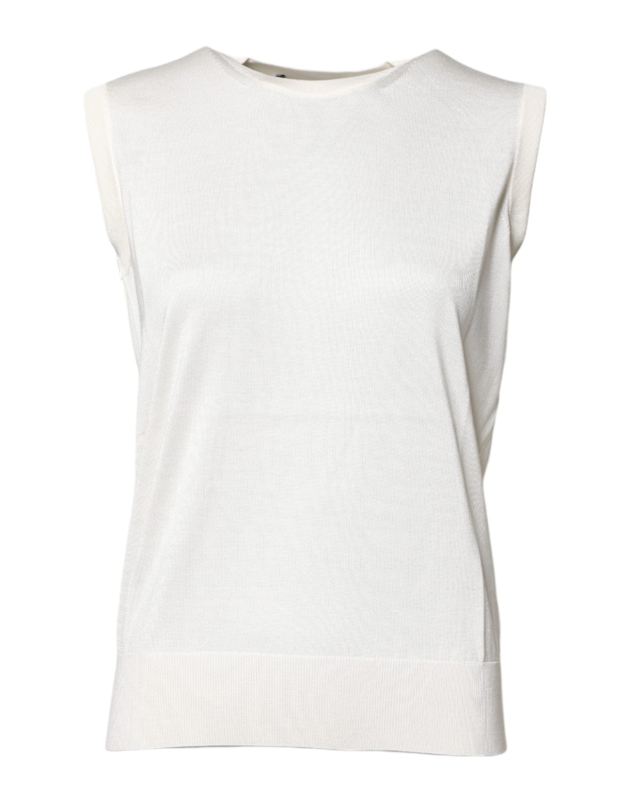 White Silk Round Neck Sleeveless Tank Top - ventzia