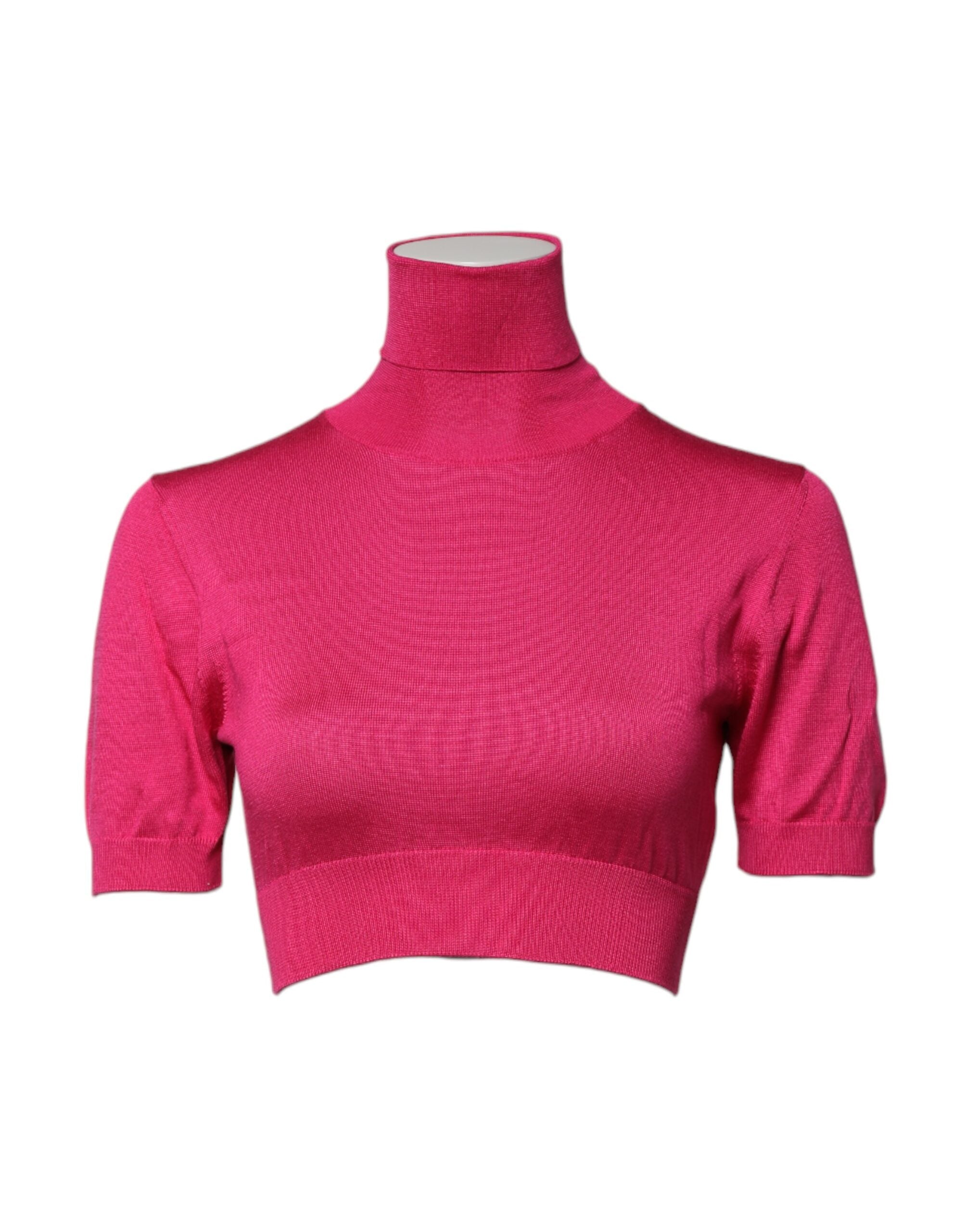 Pink Silk Knitted Turtleneck Cropped Top - ventzia