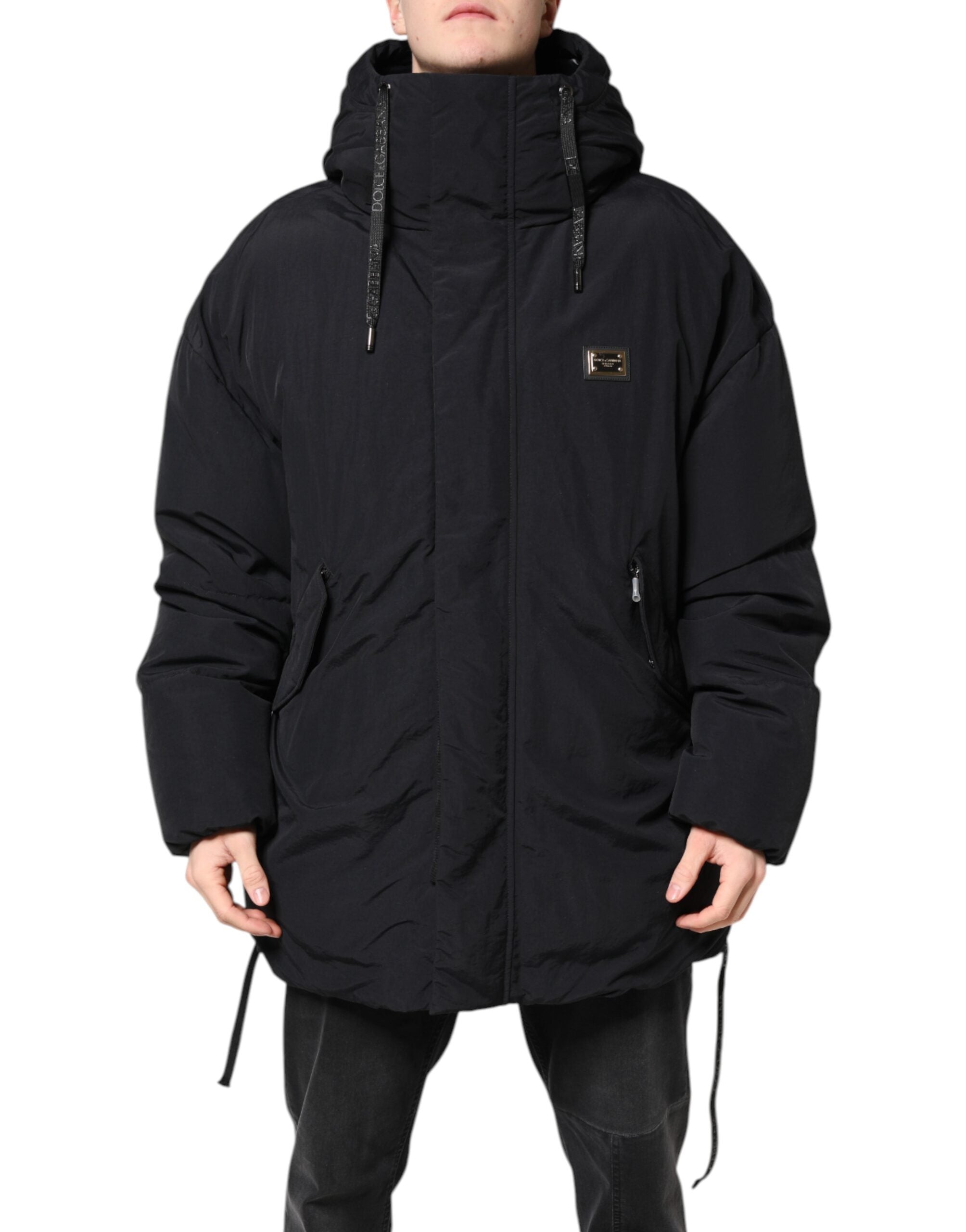 Black Nylon Full Zip Hooded Parka Jacket - ventzia