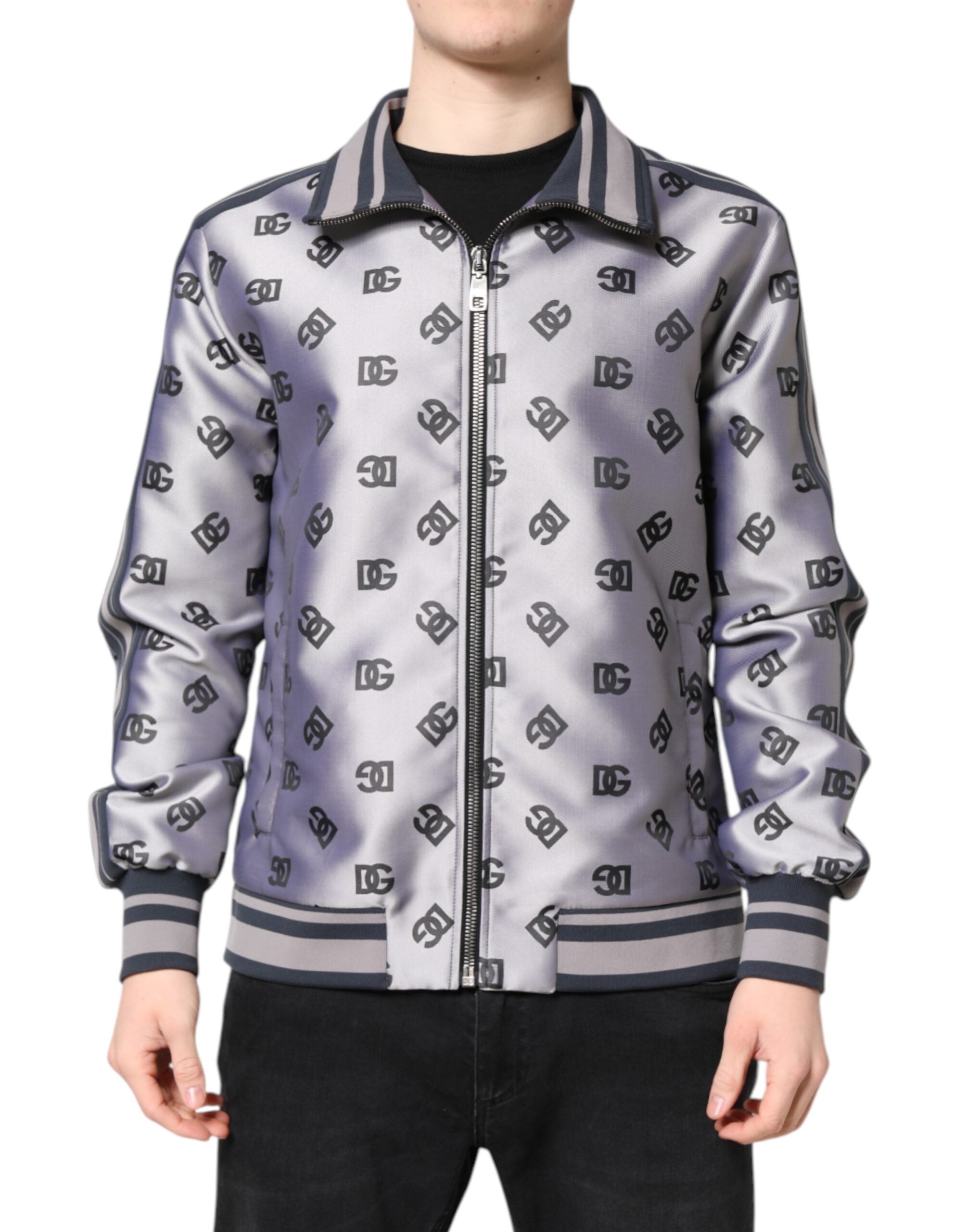 Gray Logo Monogram Full Zip Bomber Jacket - ventzia