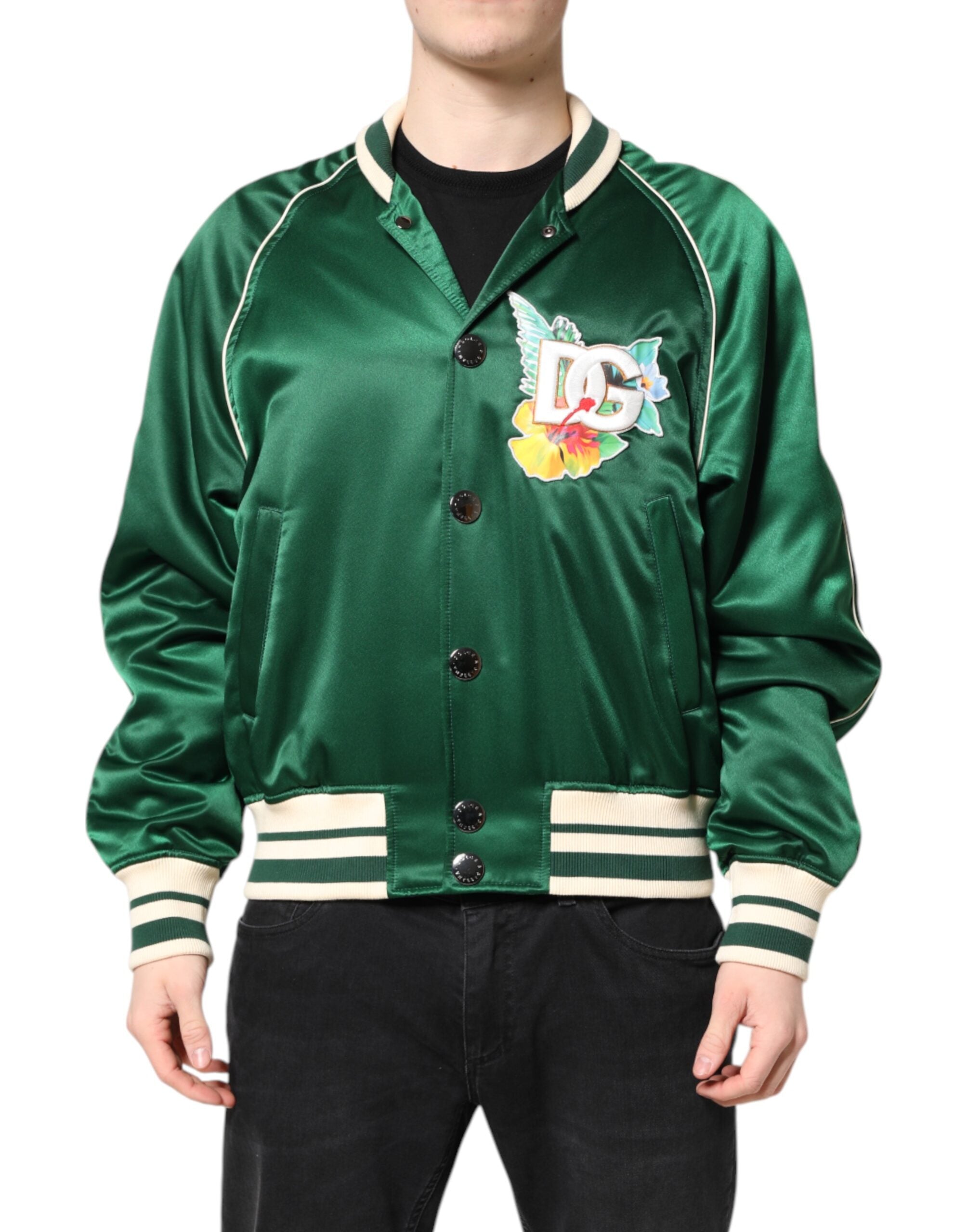 Green Floral DG Logo Full Zip Bomber Jacket - ventzia