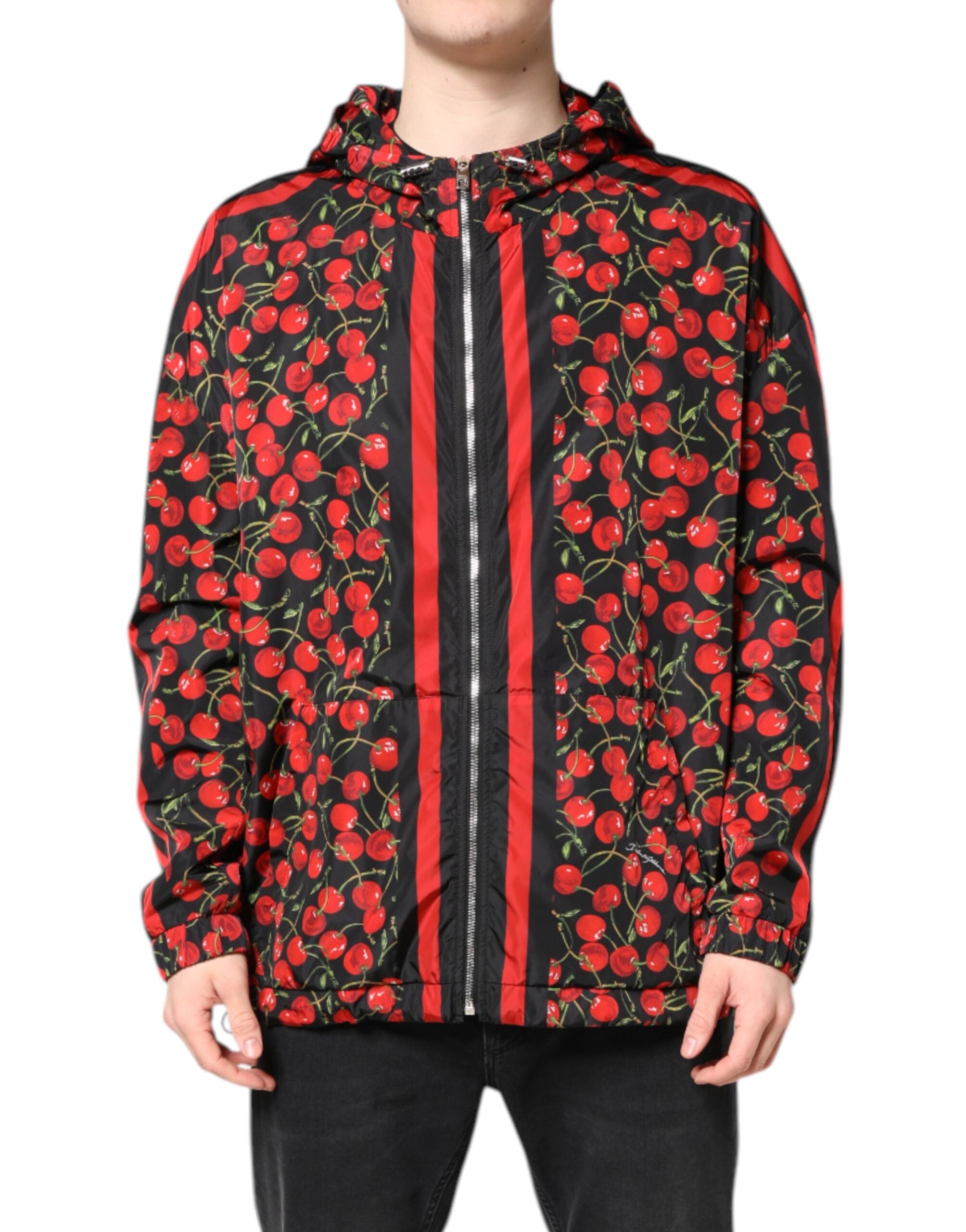 Black Cherry Print Hooded Windbreaker Jacket - ventzia
