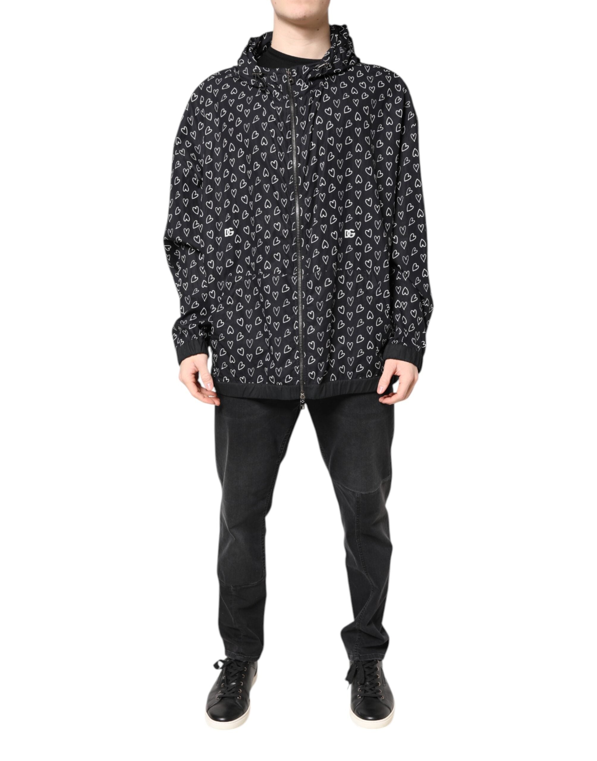 Black Heart Print Hooded Windbreaker Jacket - ventzia