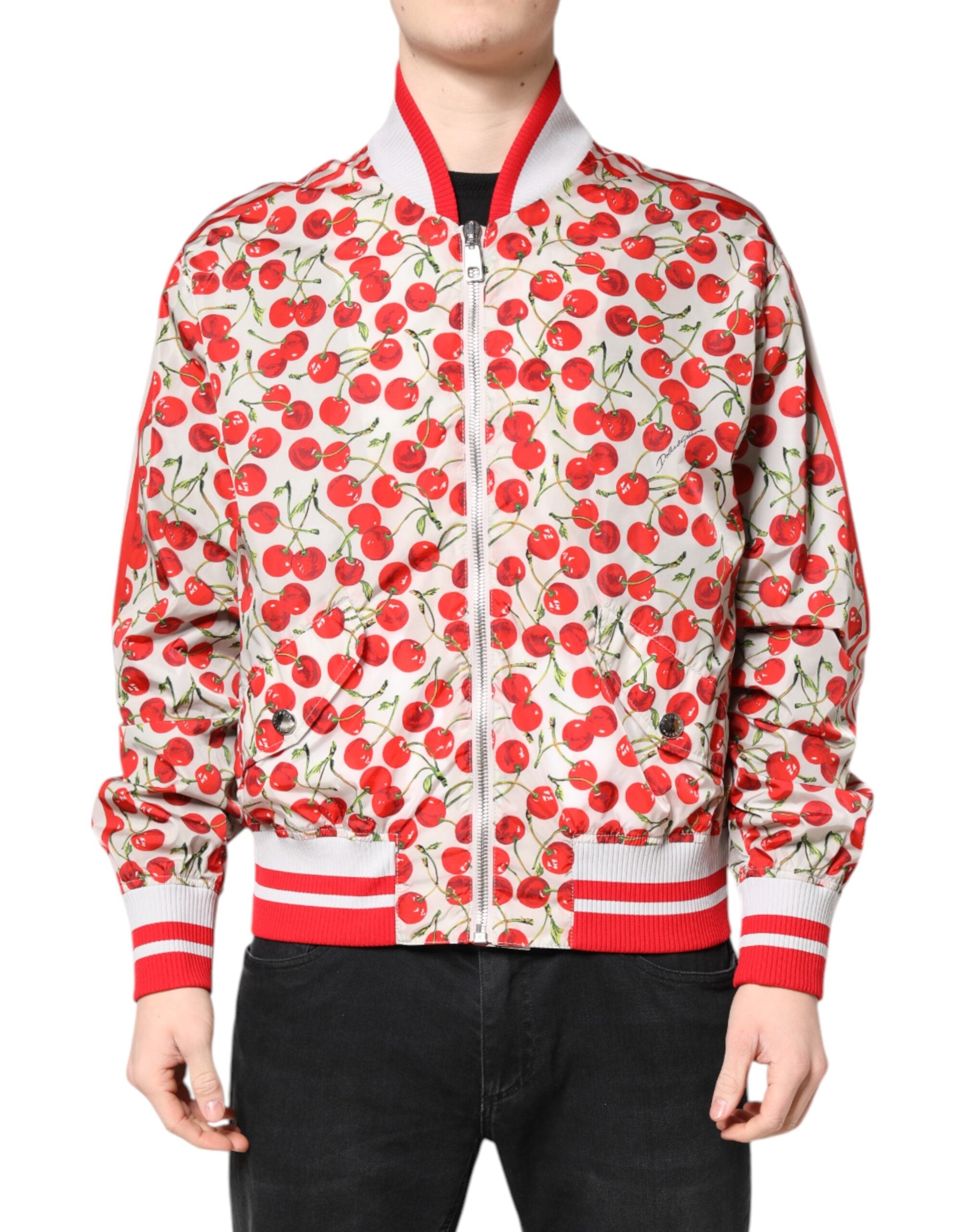 White Cherry Print Full Zip Bomber Jacket - ventzia