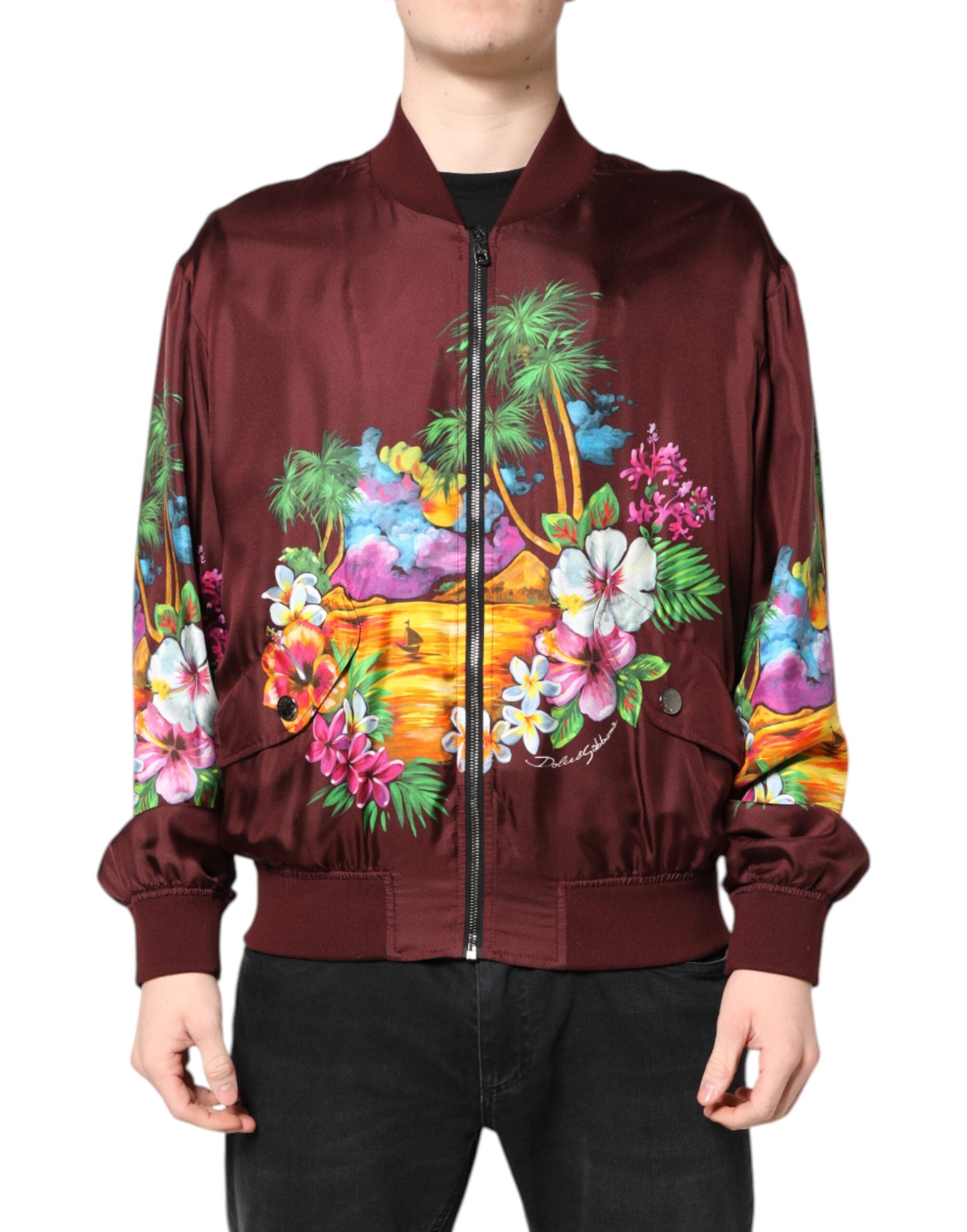 Maroon Floral Print Full Zip Bomber Jacket - ventzia