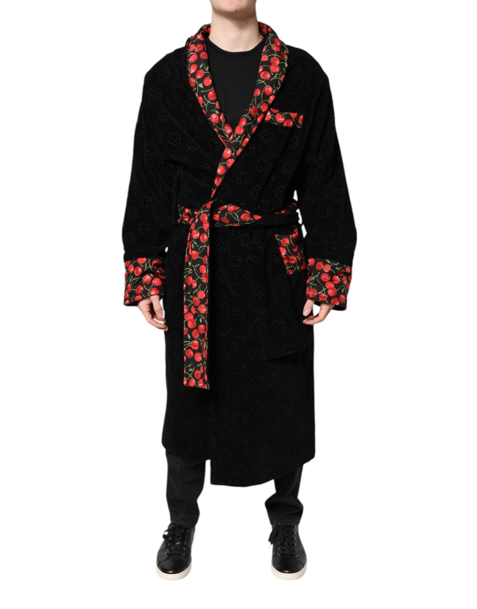 Black Cherry Print Wrap Robe Men Coat Jacket - ventzia