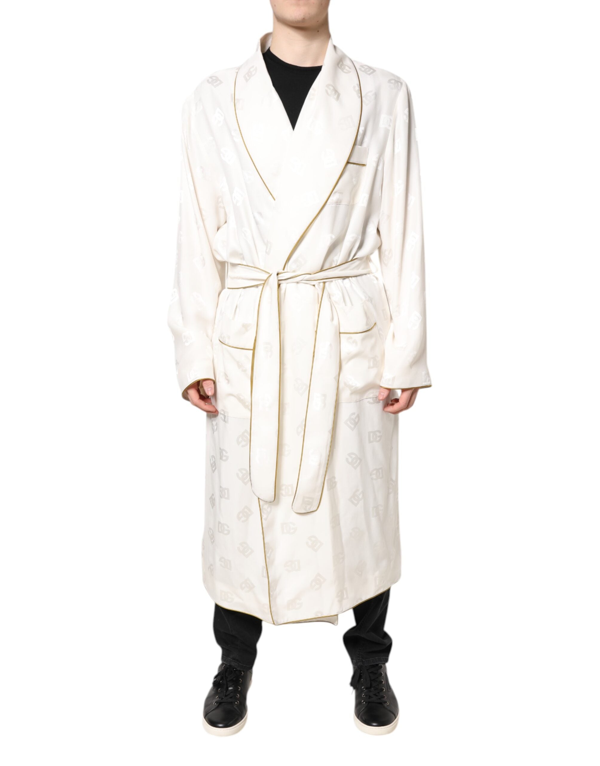 Ivory Silk Logo Men Wrap Robe Coat Jacket - ventzia
