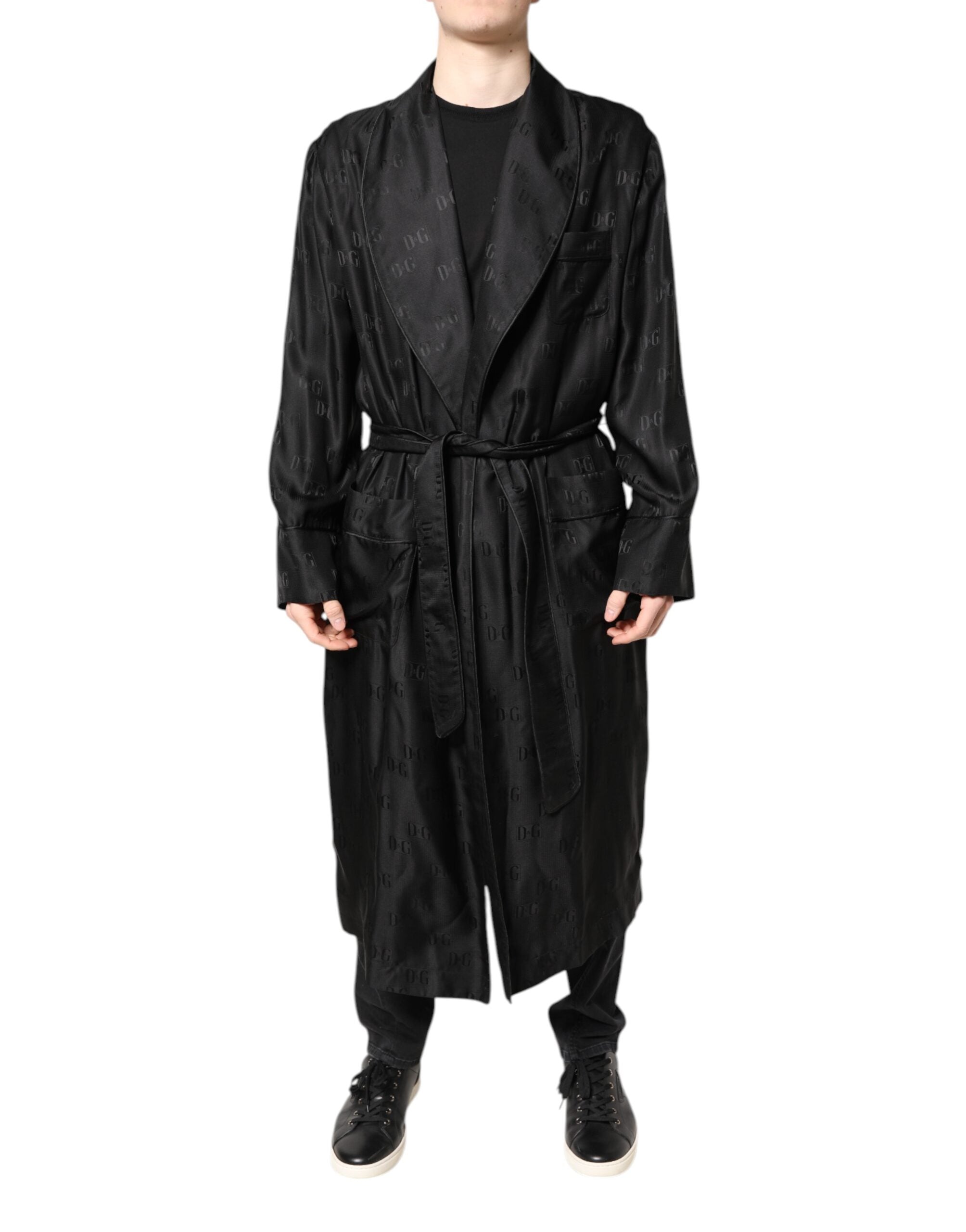 Black Silk DG Logo Men Wrap Robe Coat Jacket - ventzia