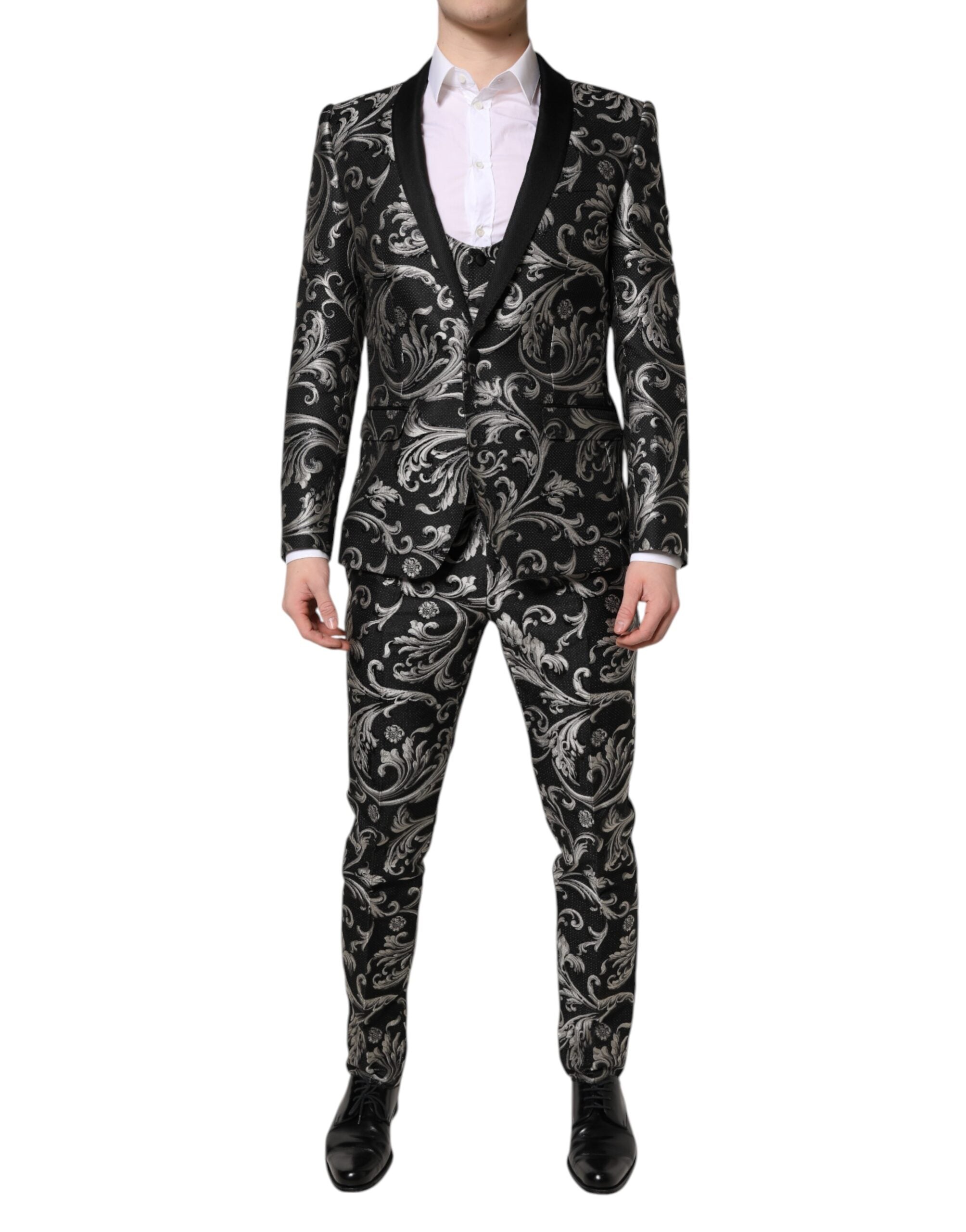 Black Gray MARTINI Jacquard Men 3 Piece Suit - ventzia